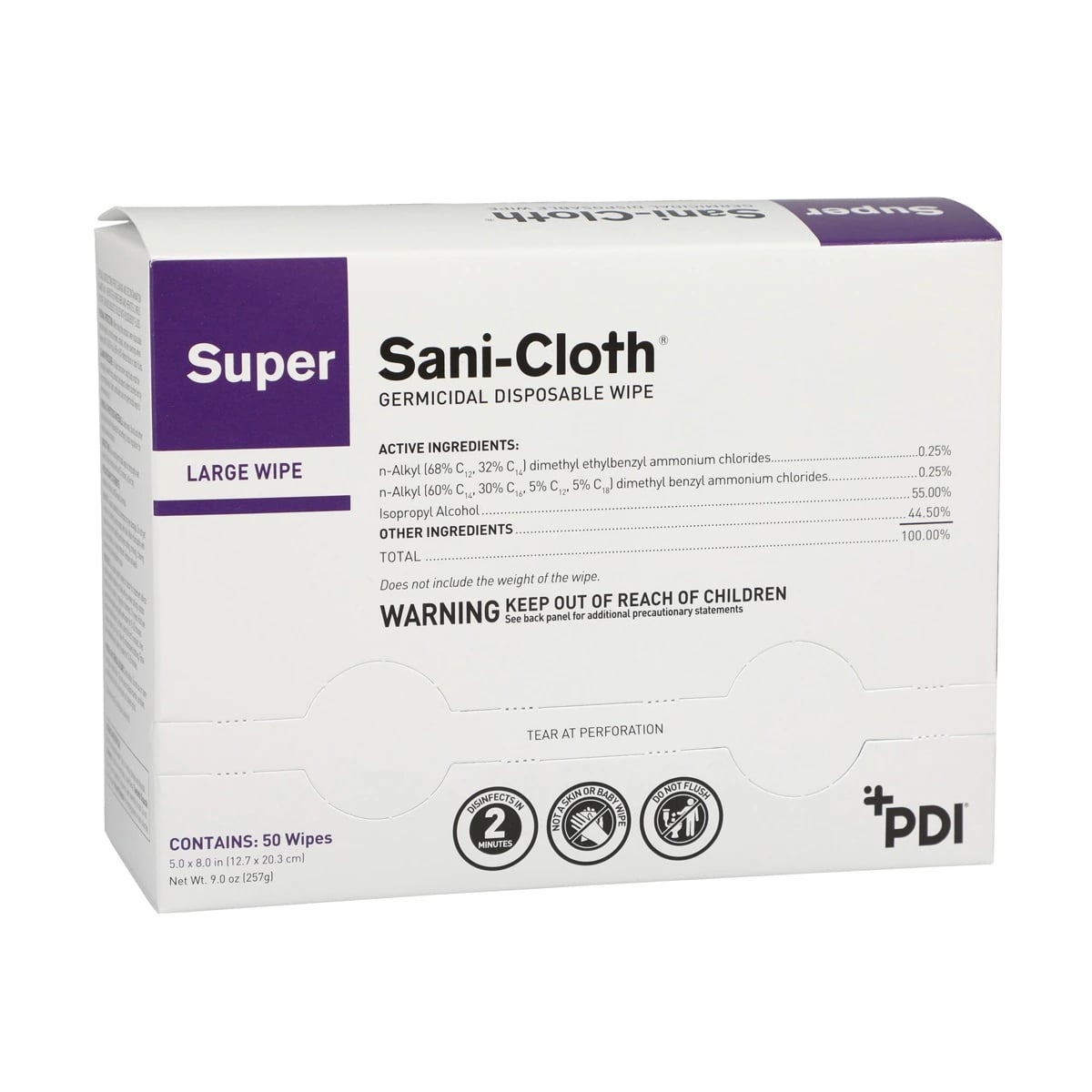 Super Sani-Cloth Large Surface Disinfectant Wipes, Individual Packets, 5 in x 8 in, 50/Box, H04082
