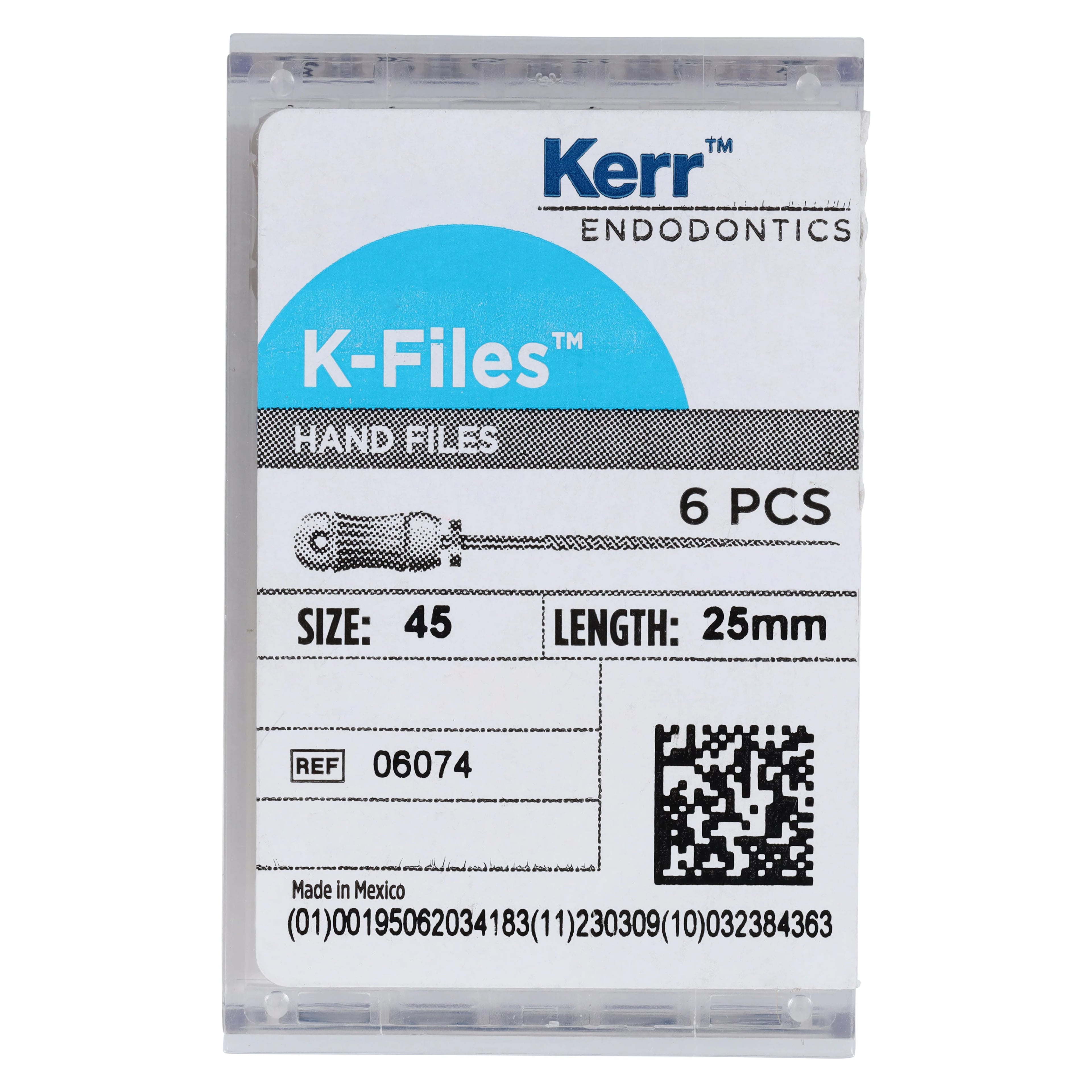 Kerr SybronEndo K-Files, Stainless Steel, 25 mm, #45, White, 6/Pk, 06074