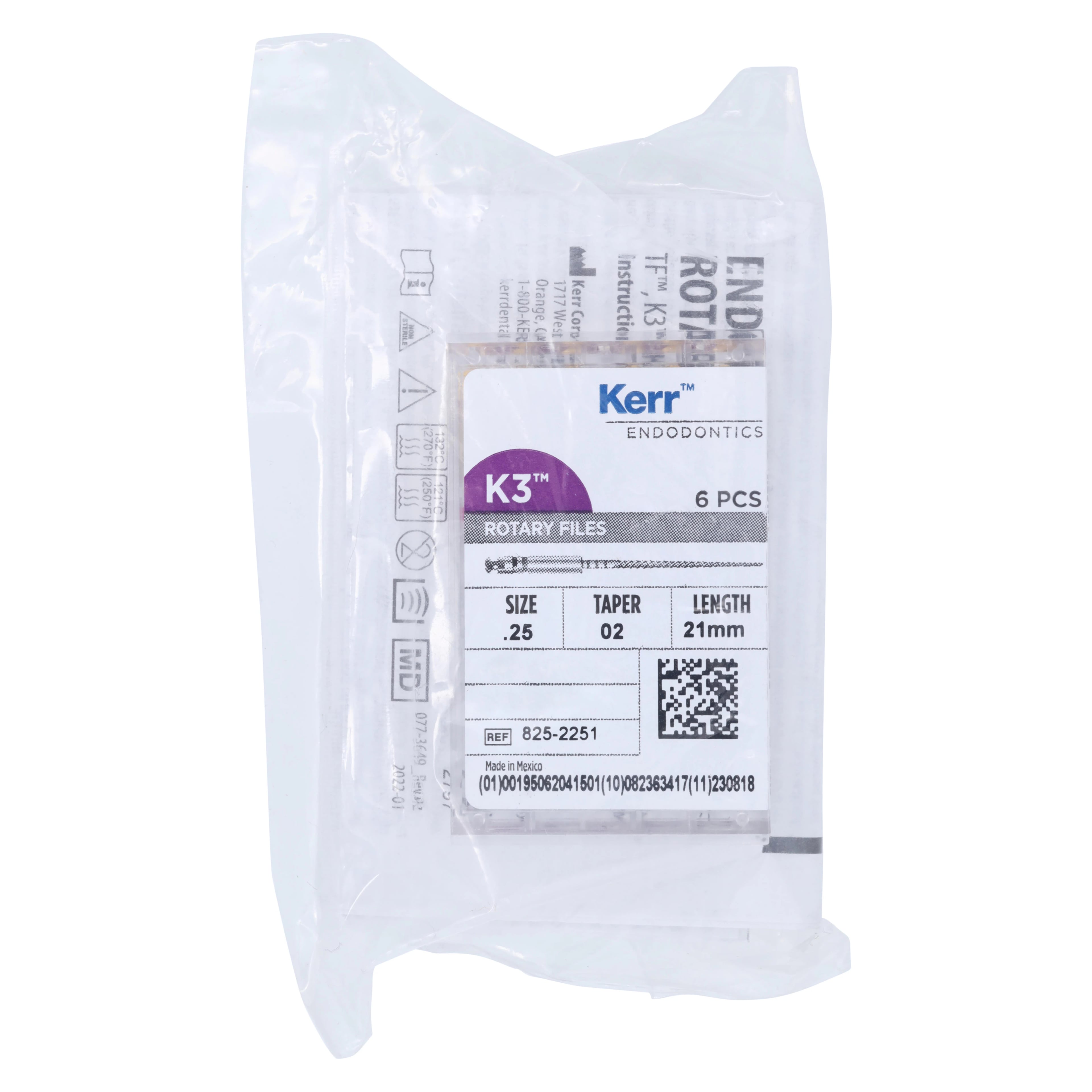 K3 Nickel-Titanium Rotary Endodontic Files, #25, .02 Taper, 21 mm, 6/Pkg, 825-2251