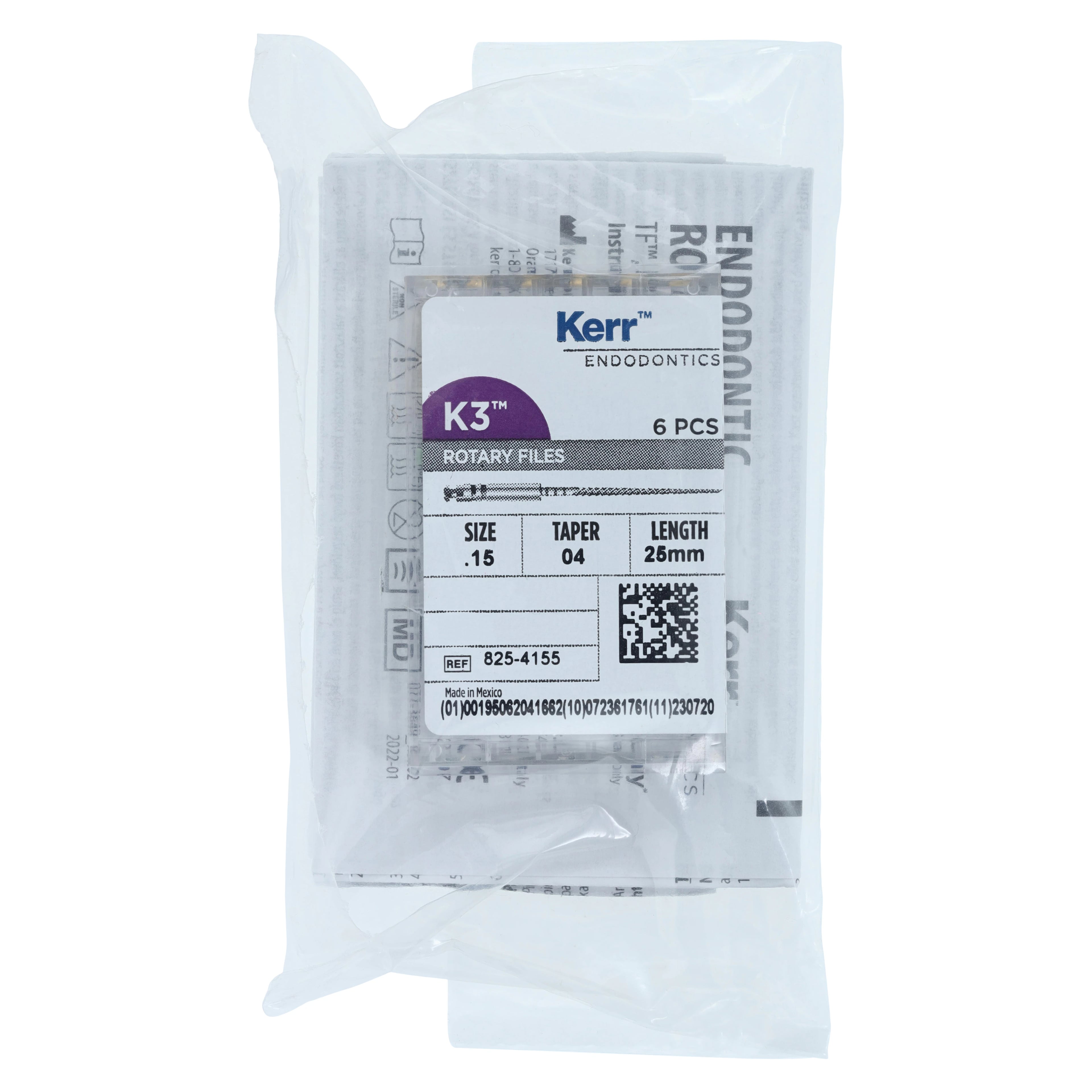 K3 Nickel-Titanium Rotary Endodontic Files, 25 mm, 0.04 Taper, #15, White, 6/Pk, 825-4155