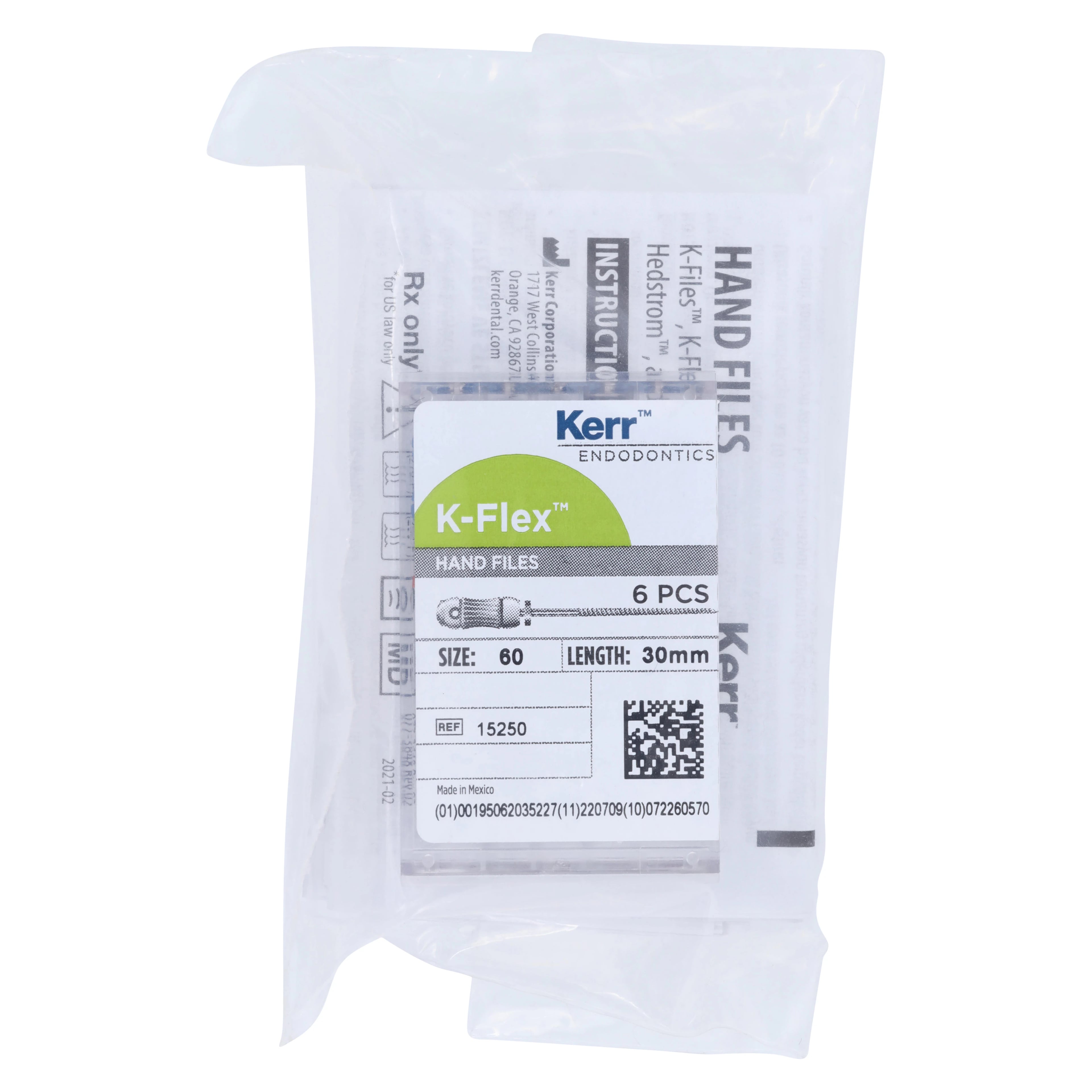 Kerr K-Flex Stainless Steel Hand Files, 30 mm, Size #60, Blue, 6/Pack, 15250