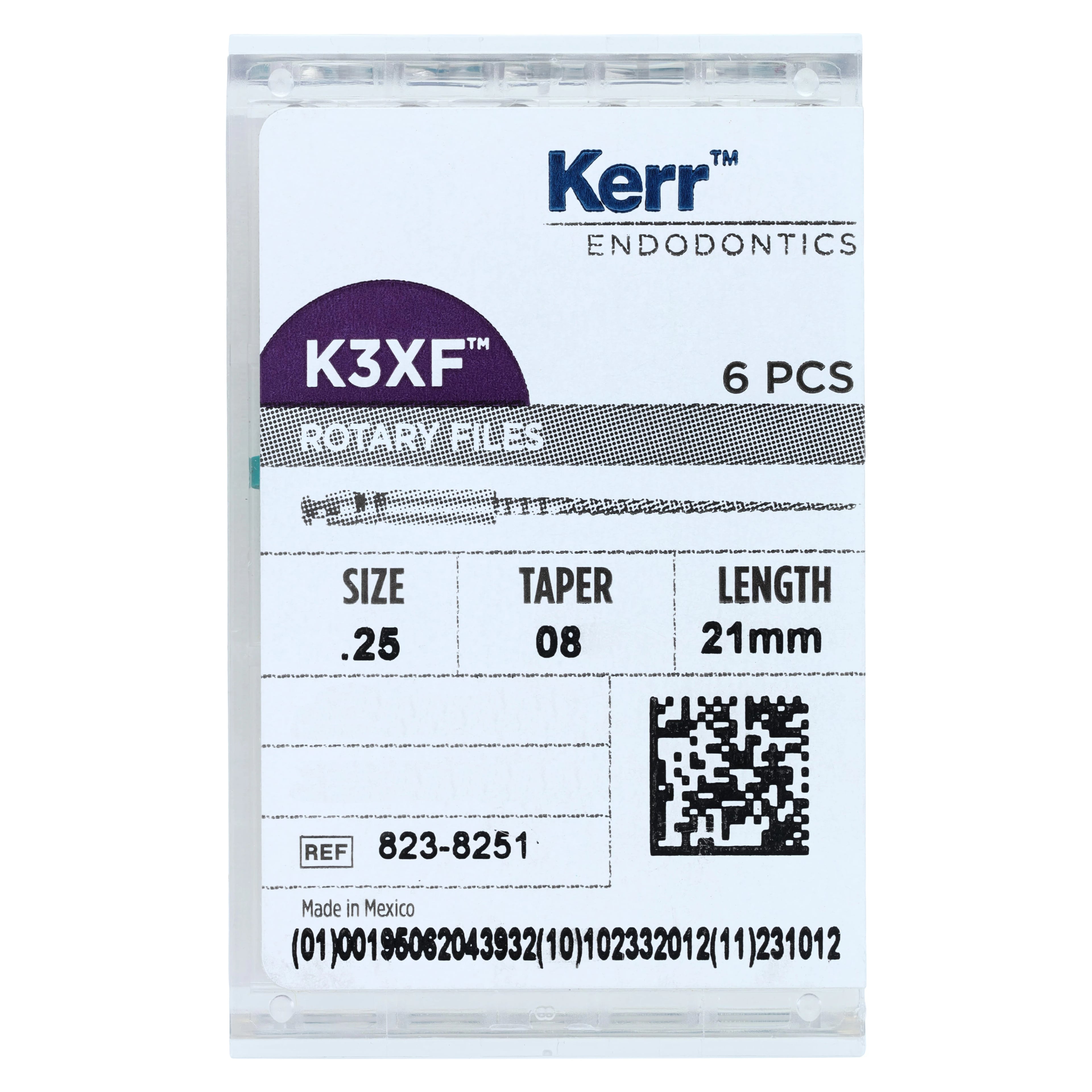 K3XF Nickel Titanium Rotary Files, .08 Taper, Size #25, 21 mm, Red, 6/Pk, 823-8251