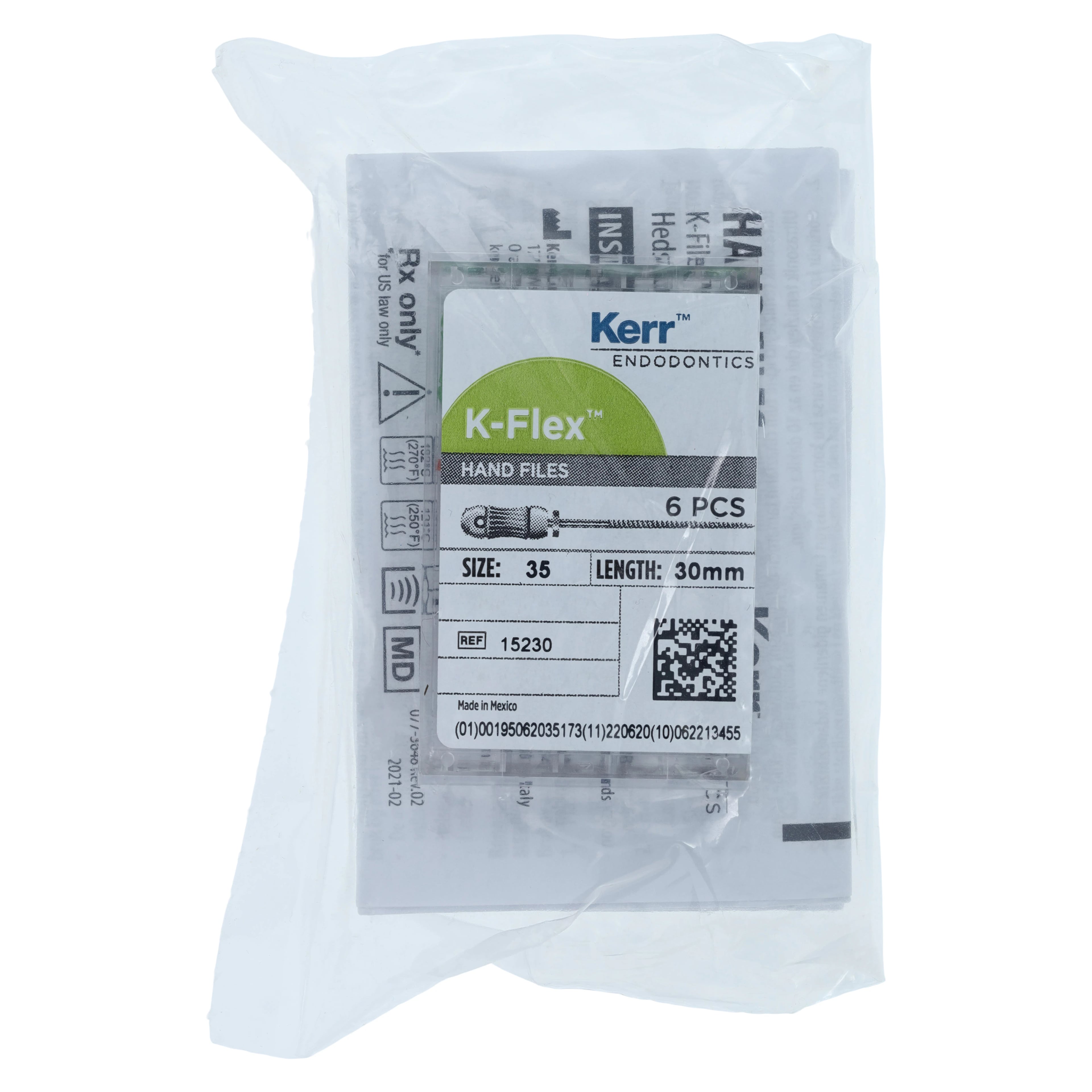 Kerr K-Flex Stainless Steel Hand Files, 30 mm, #35, Green, 6/Pk, 15230