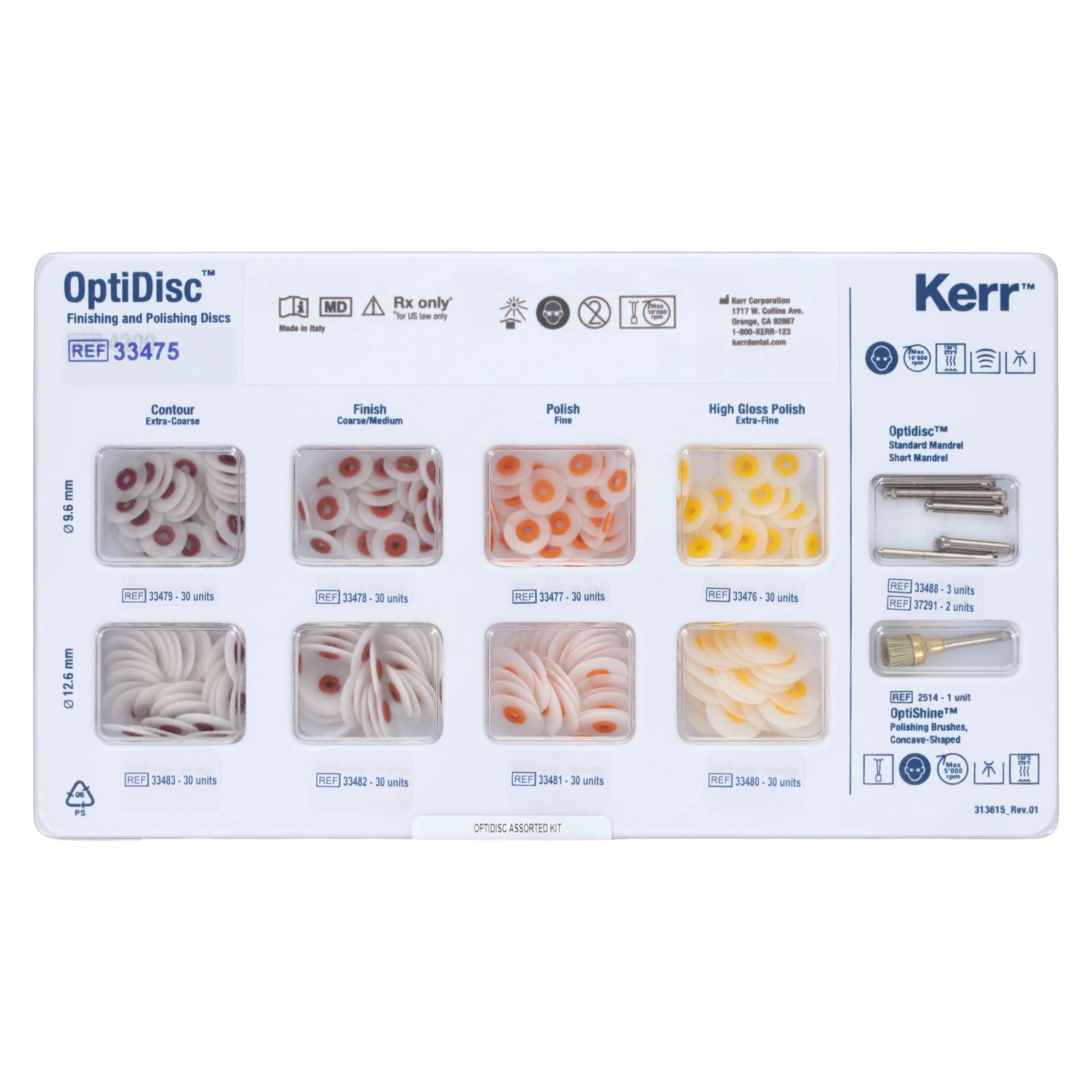 OptiDisc Finishing & Polishing Assorted Kit, 240 Discs (9.6 mm & 12.6 mm, All Grits), 3 RA Mandrels, 33475