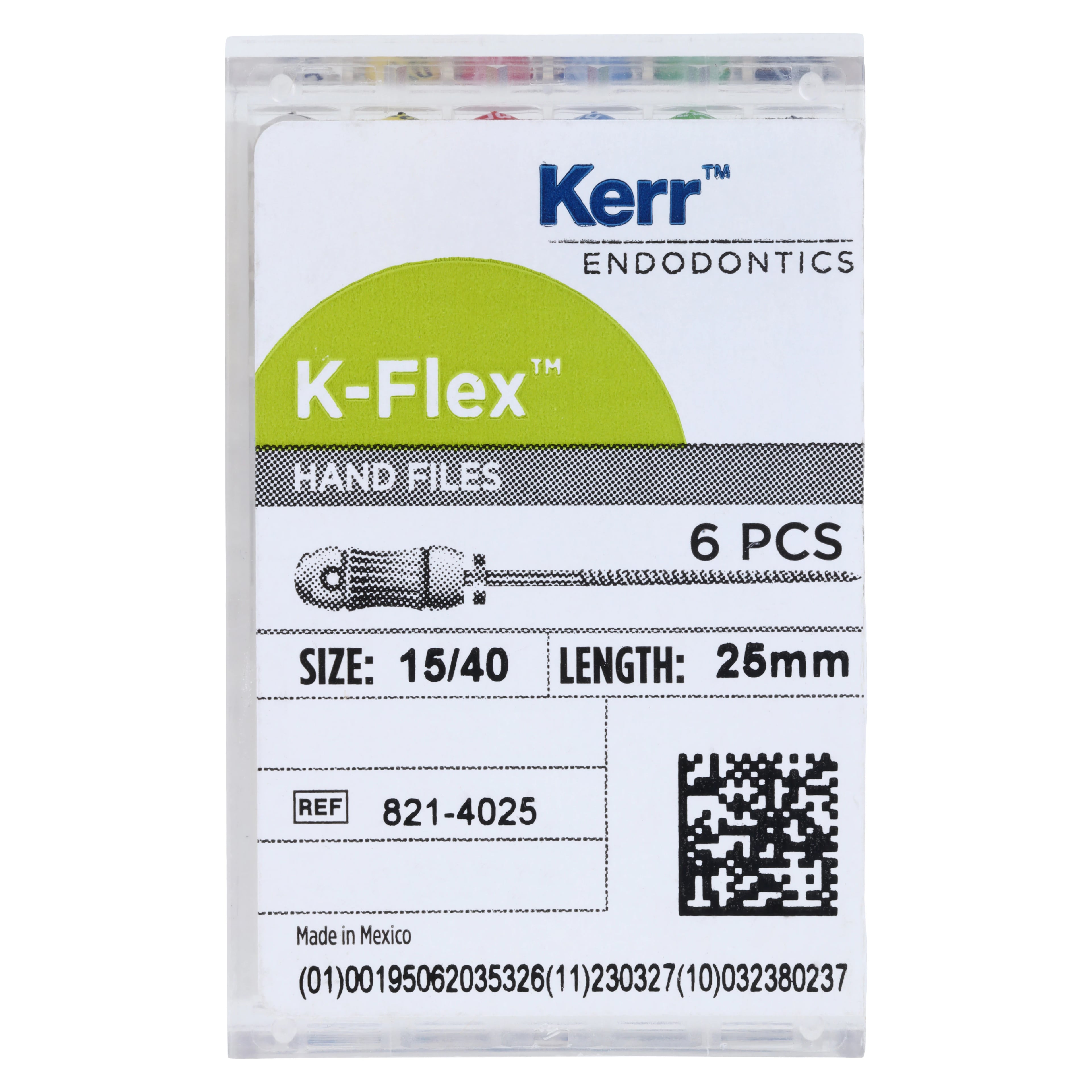 Kerr K-Flex Stainless Steel Hand Files, 25mm, #15-40 Assorted, Color-Coded Plastic Handle, 6/Pk, 821-4025