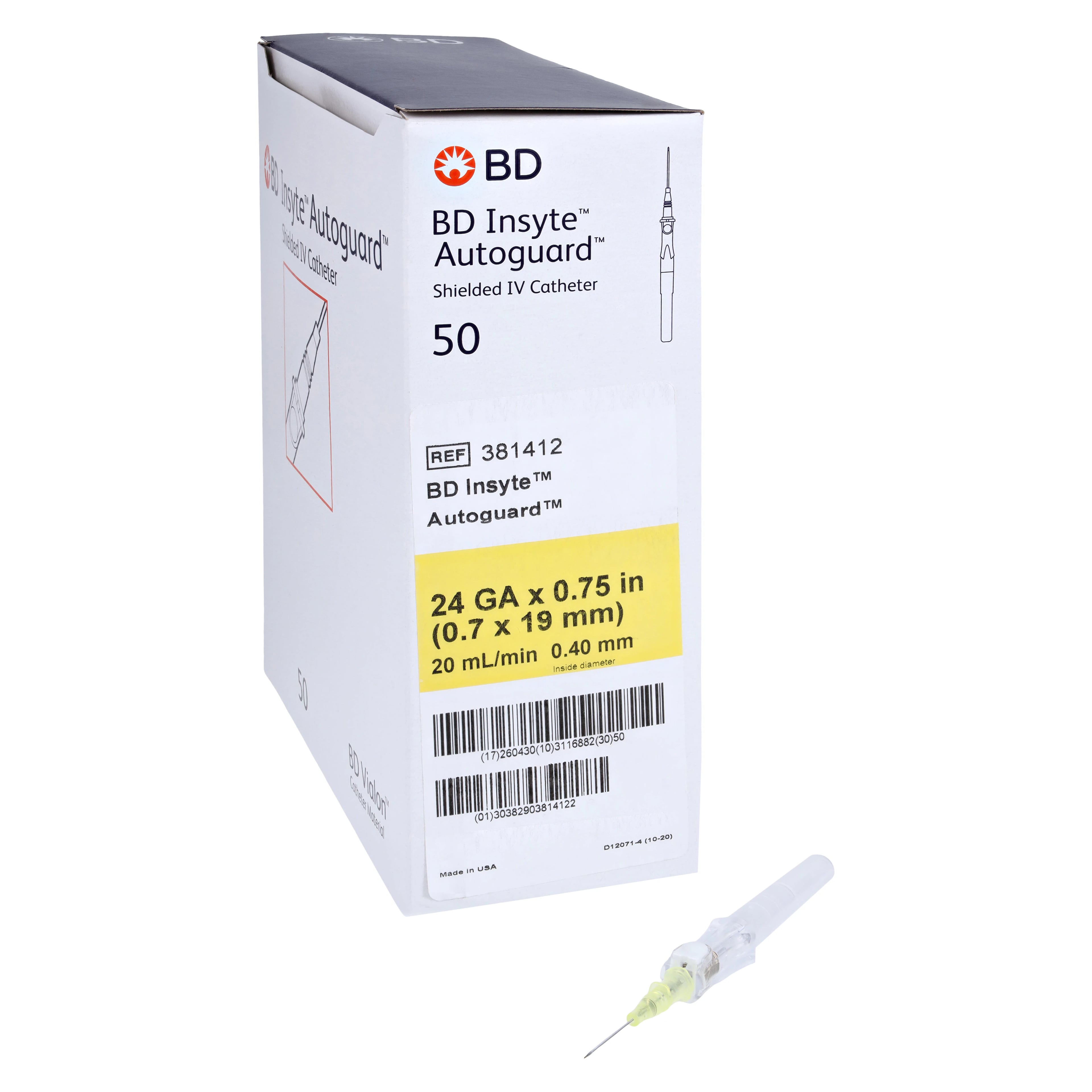 BD Insyte Autoguard Shielded IV Catheter, 24G x 3/4", Yellow, Notched Needle, Vialon, Sterile, 50/Bx, 4 Bx/Cs, 381412