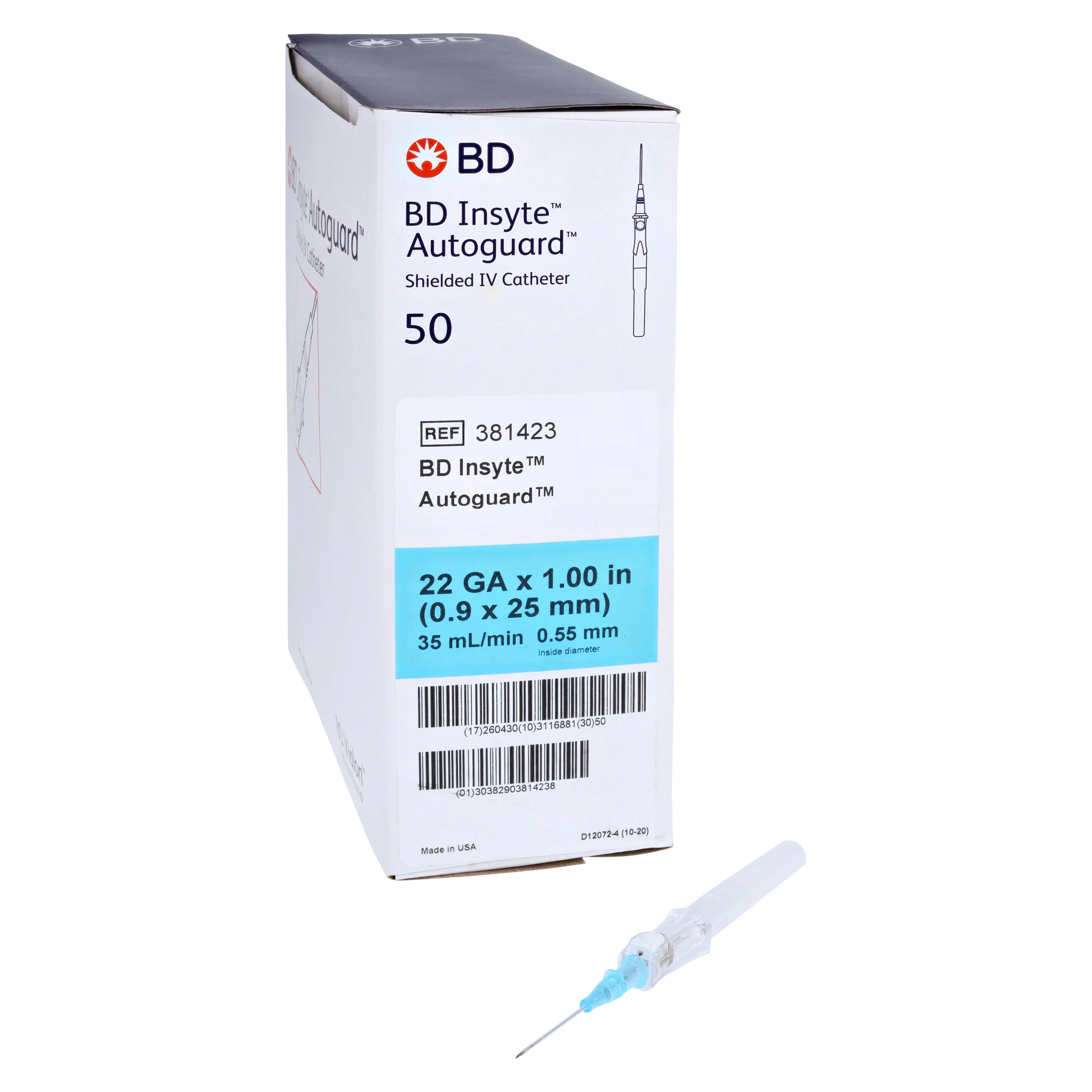 BD Insyte Autoguard Shielded IV Catheter, 22G x 1", Blue, 50/Box, 381423