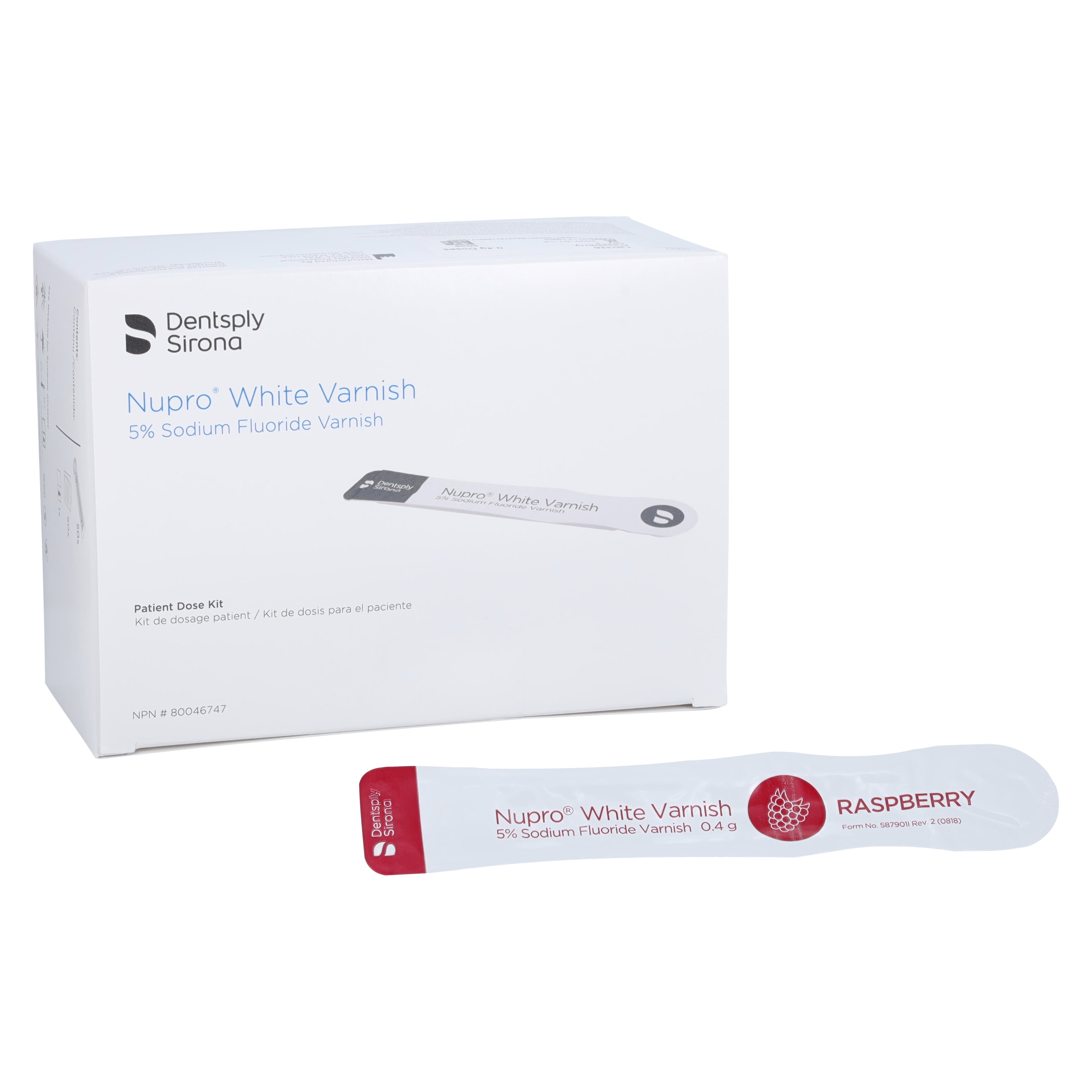 Nupro White Varnish 5% Sodium Fluoride, Raspberry, 0.4 g, Easy Application Packages, 50/Box, 130326