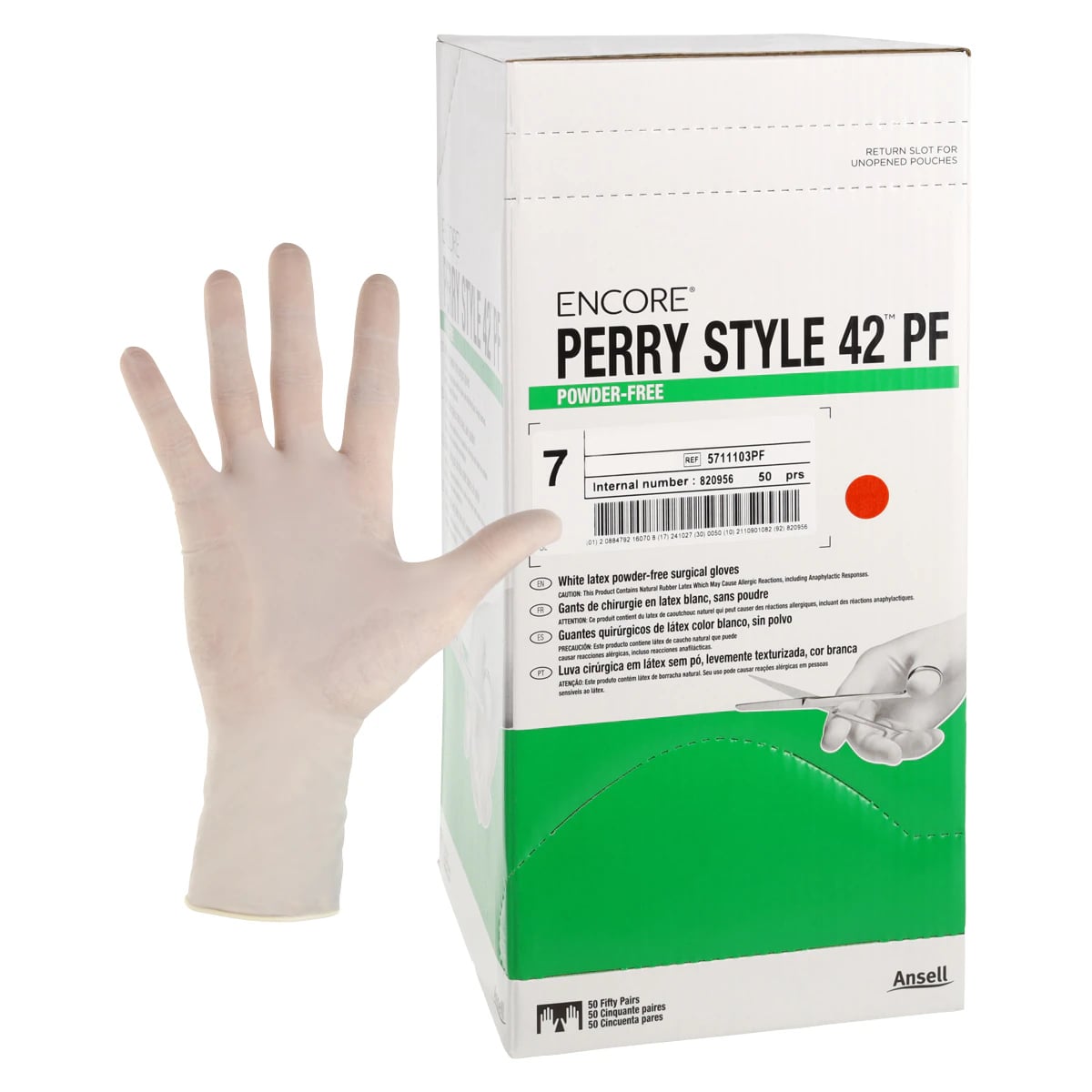 Encore Perry Style 42 Powder-Free Sterile Latex Surgical Gloves, Size 7, Natural, 50 Pairs/Box, 5711103PF