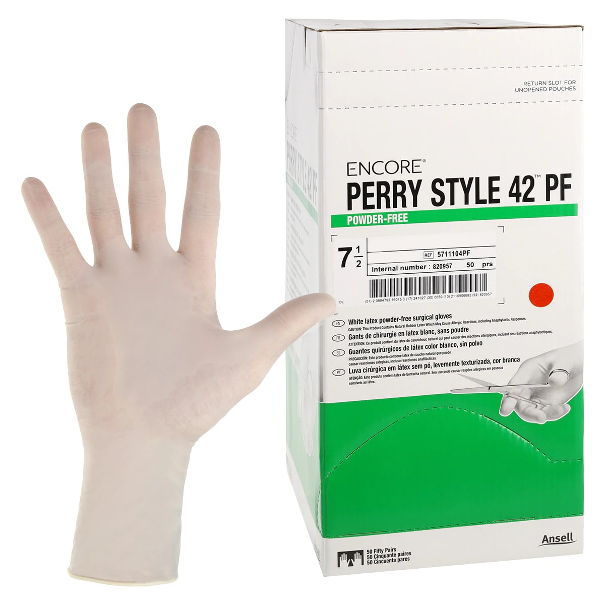 Encore Perry Style 42 Powder-Free Sterile Latex Surgical Gloves, Size 7.5, Natural, 50 Pairs/Box, 5711104PF
