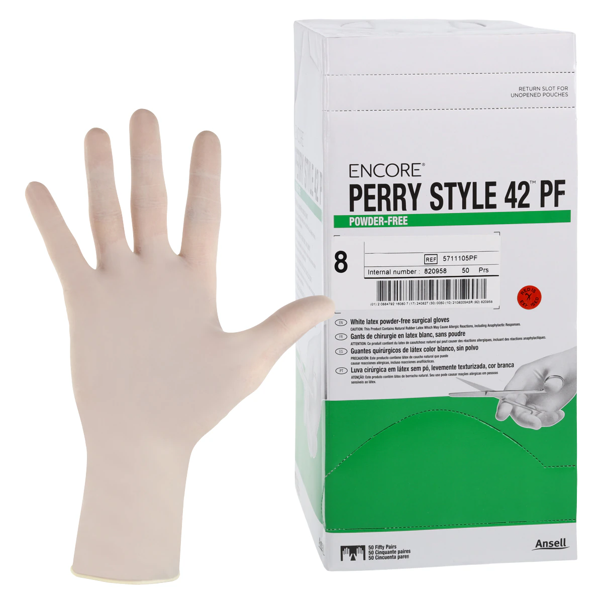 Ansell Encore Perry Style 42 Powder-Free Latex Surgical Gloves, Sterile, Size 8, White, 50 Pairs/Box, 5711105PF