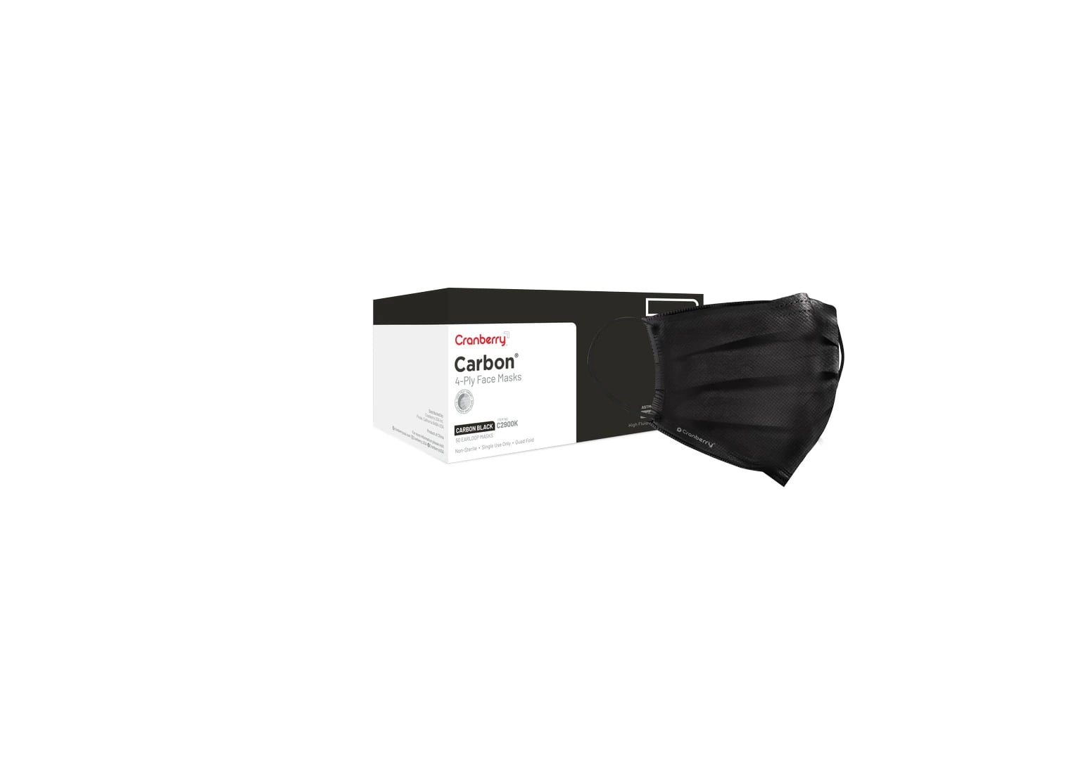 Cranberry Carbon ASTM Level 3 Earloop Face Mask, 4-Ply, Black, One Size, 50/Box, C2900K