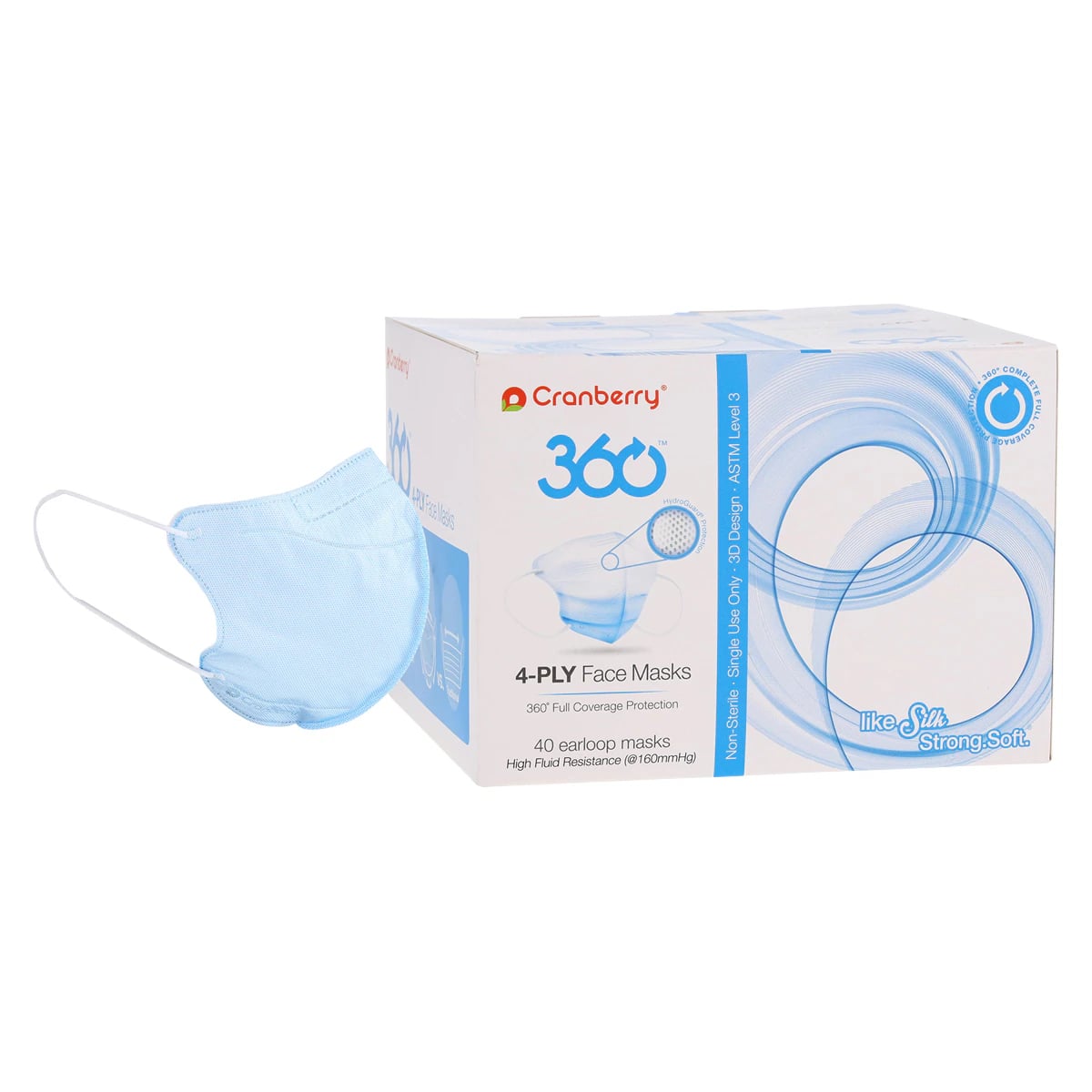 Cranberry 360 4-Ply Earloop Face Masks, ASTM Level 3, Anti-Fog, Latex-Free, Regular, Blue, 40/Box, Q2861B