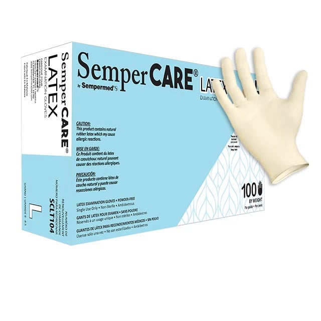 SemperCare Latex Exam Gloves, Powder-Free, Micro-Textured, Small, Cream, 100/Box, SCLT102