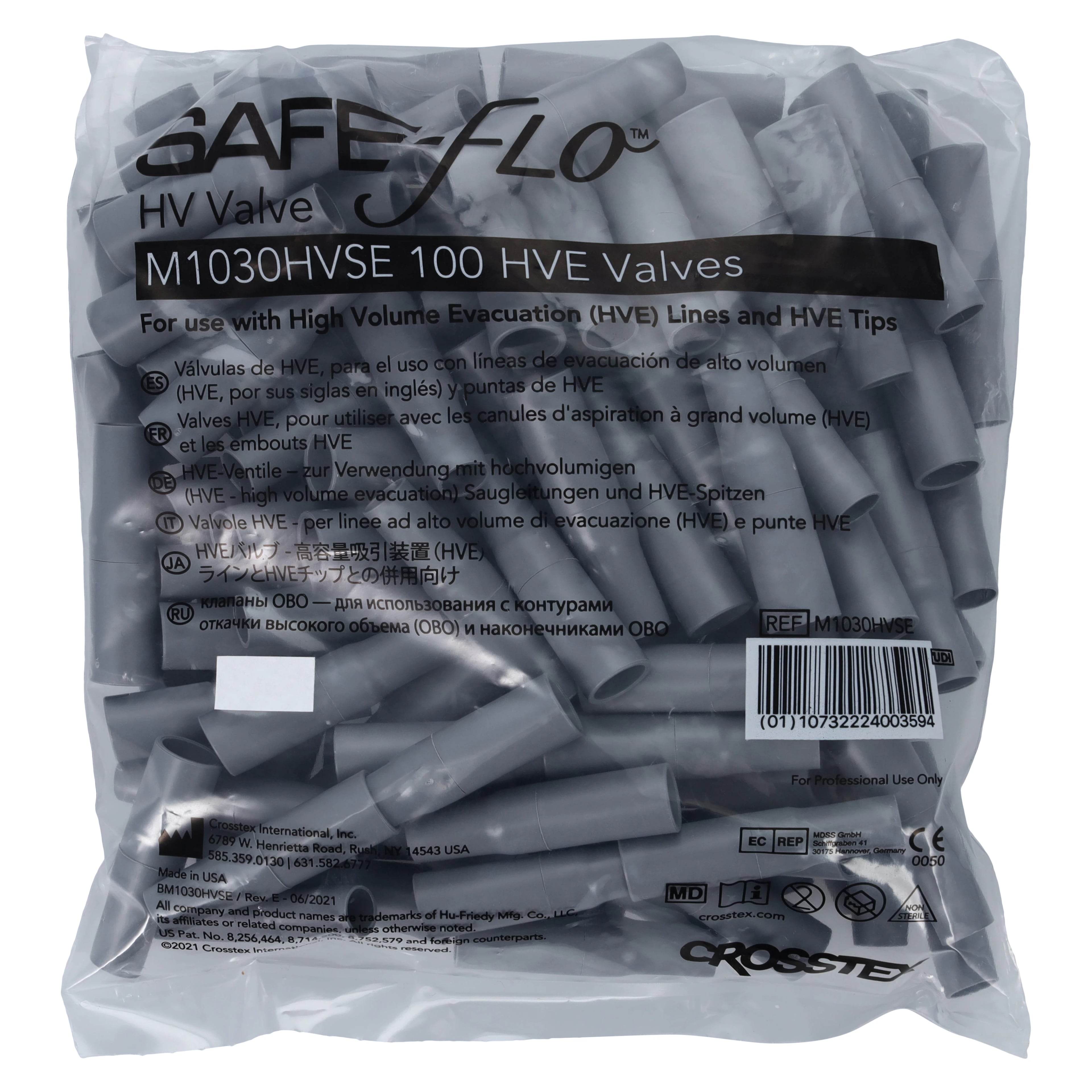 Crosstex Safe-Flo HV Valve, Gray, Universal One-Way Backflow Prevention Valve for HVE Tips, 100/Bag, M1030HVSE