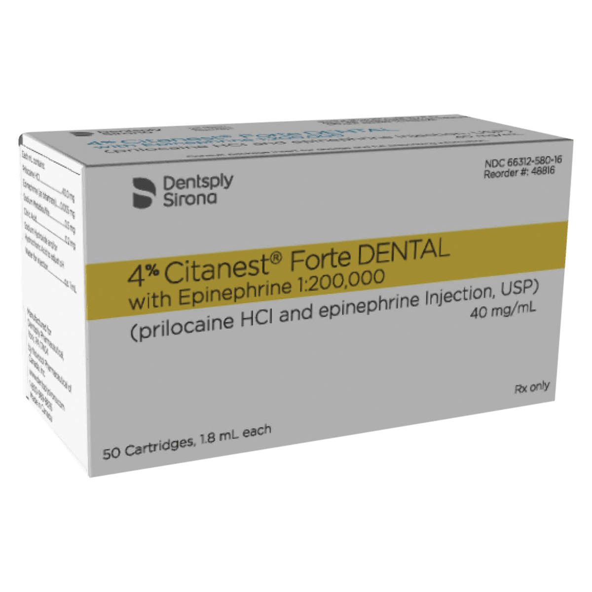 Citanest Forte 4% Prilocaine with Epinephrine 1:200,000, 1.8 mL Glass Cartridges, Yellow, 50/Box, 48816