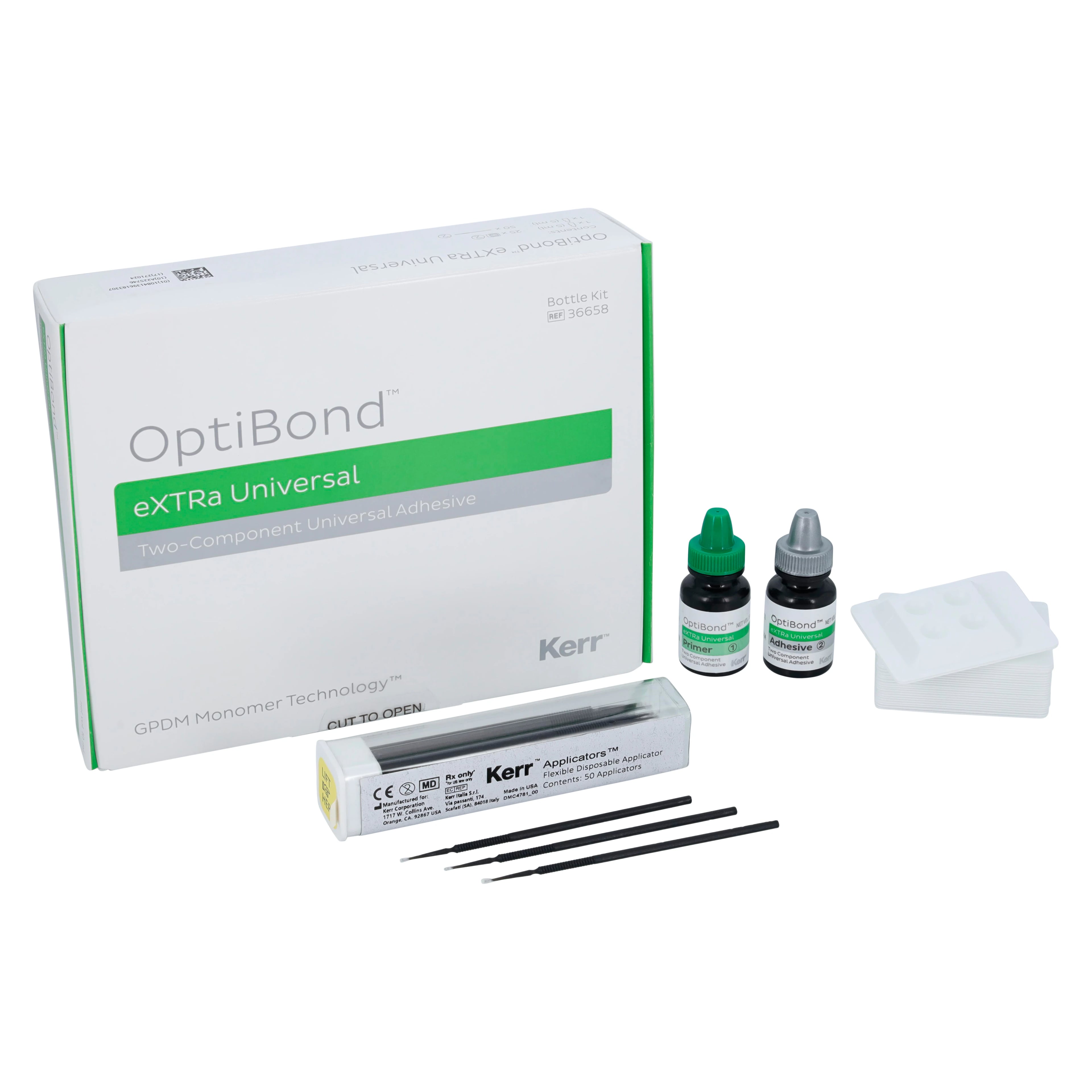 OptiBond eXTRa Universal Two-Component Self-Etch Adhesive Bottle Kit, 5 mL Primer & 5 mL Adhesive, 50 Applicators, 25 Mixing Wells, 36658
