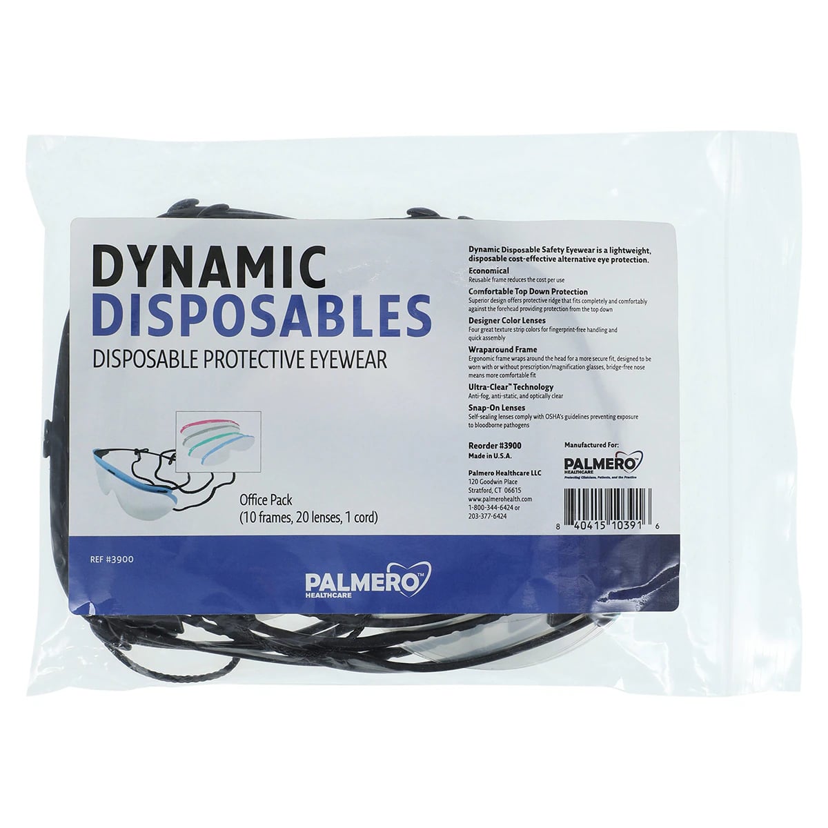 Dynamic Disposables® Safety Eyewear Office Pack, Clear Lens, Black Frames, 10 Frames, 20 Lenses & 1 Cord, 3900