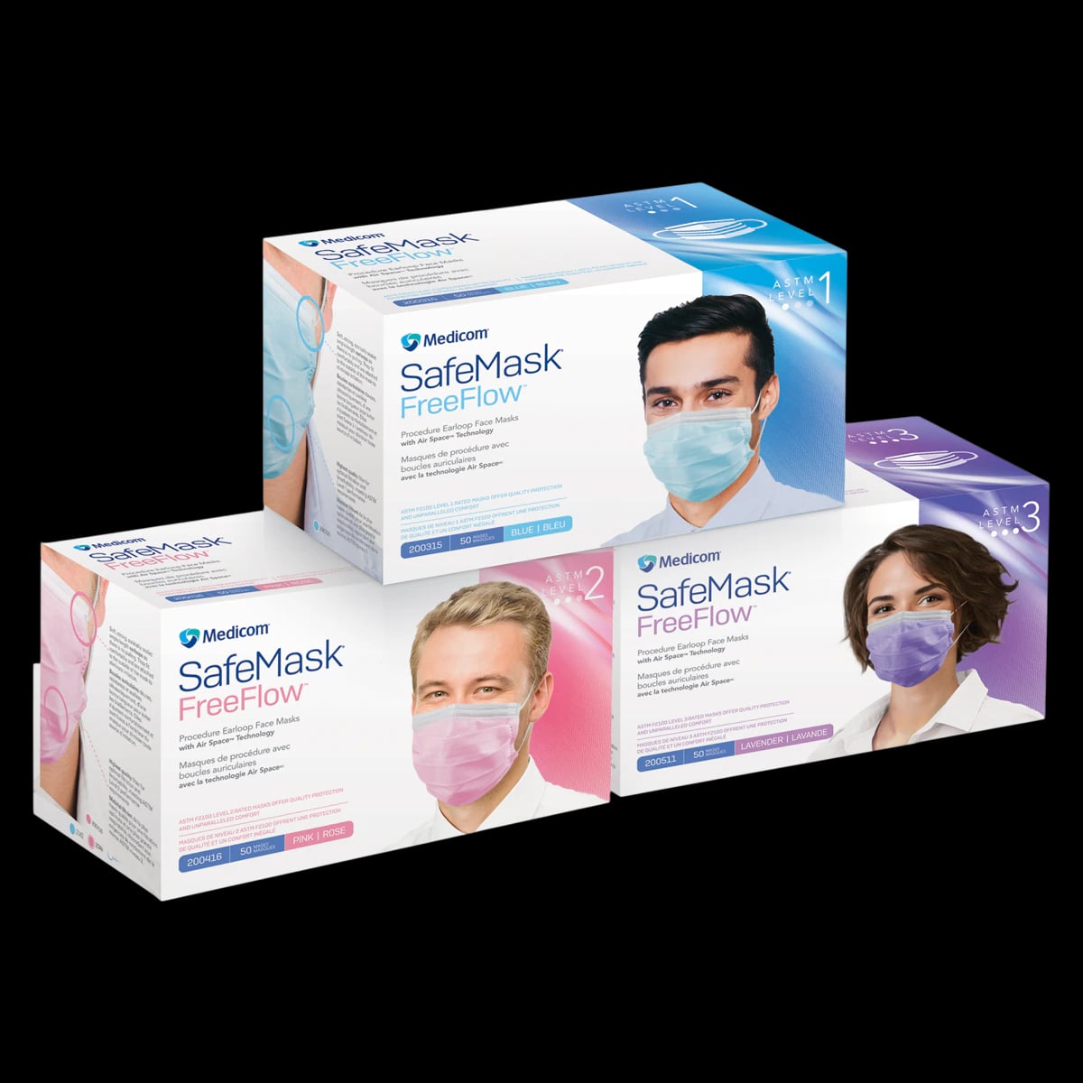 SafeMask® FreeFlow™ Procedure Face Mask, ASTM Level 1, Ear Loop, Lavender, 50/Box, 200311