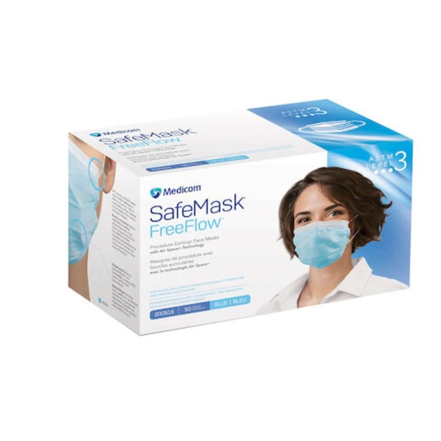 Medicom SafeMask FreeFlow Procedure Face Mask, ASTM Level 3, Blue, 50/Box, 200515