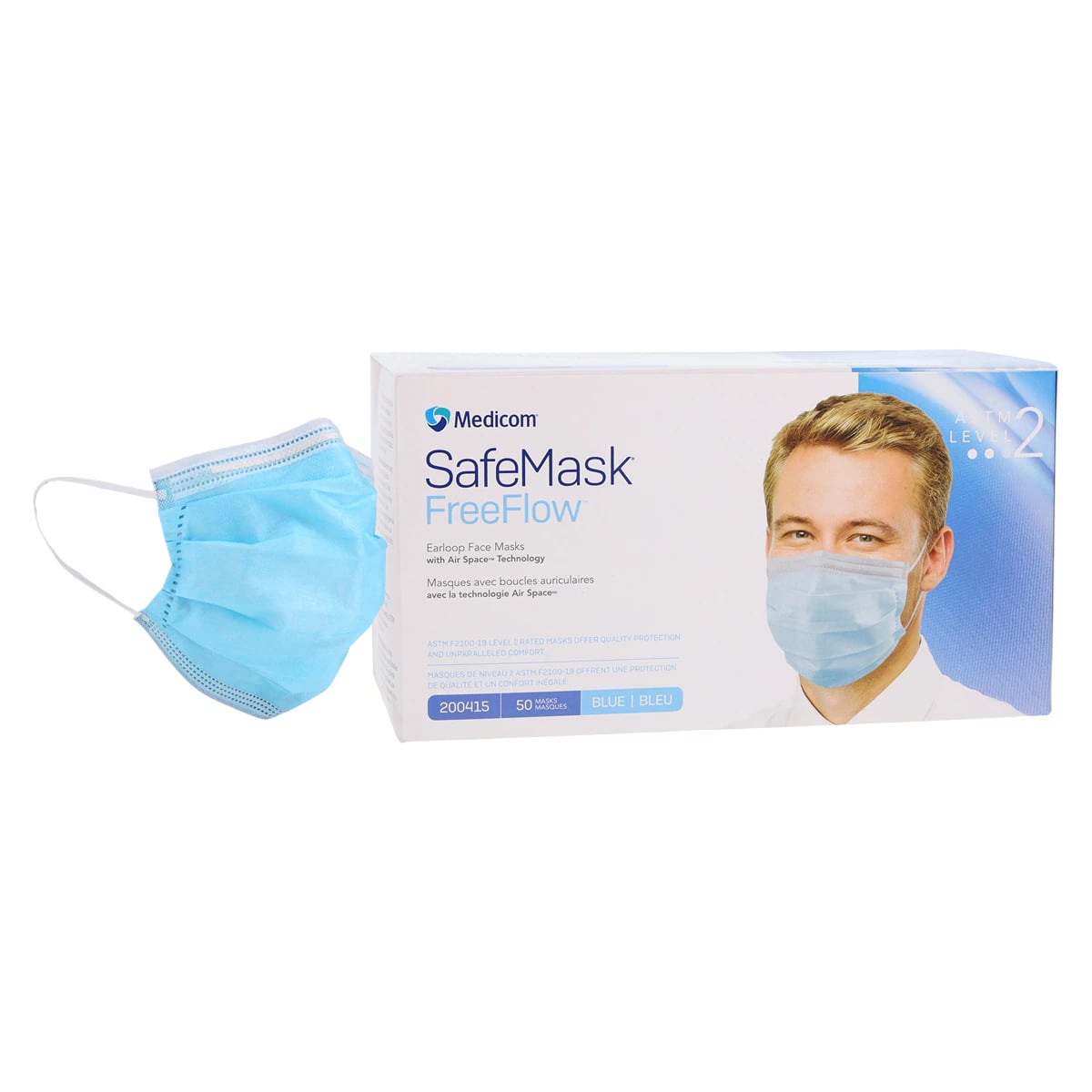 Medicom SafeMask FreeFlow Procedure Face Mask, ASTM Level 2, Blue, Ear Loop, 50/Box, 200415