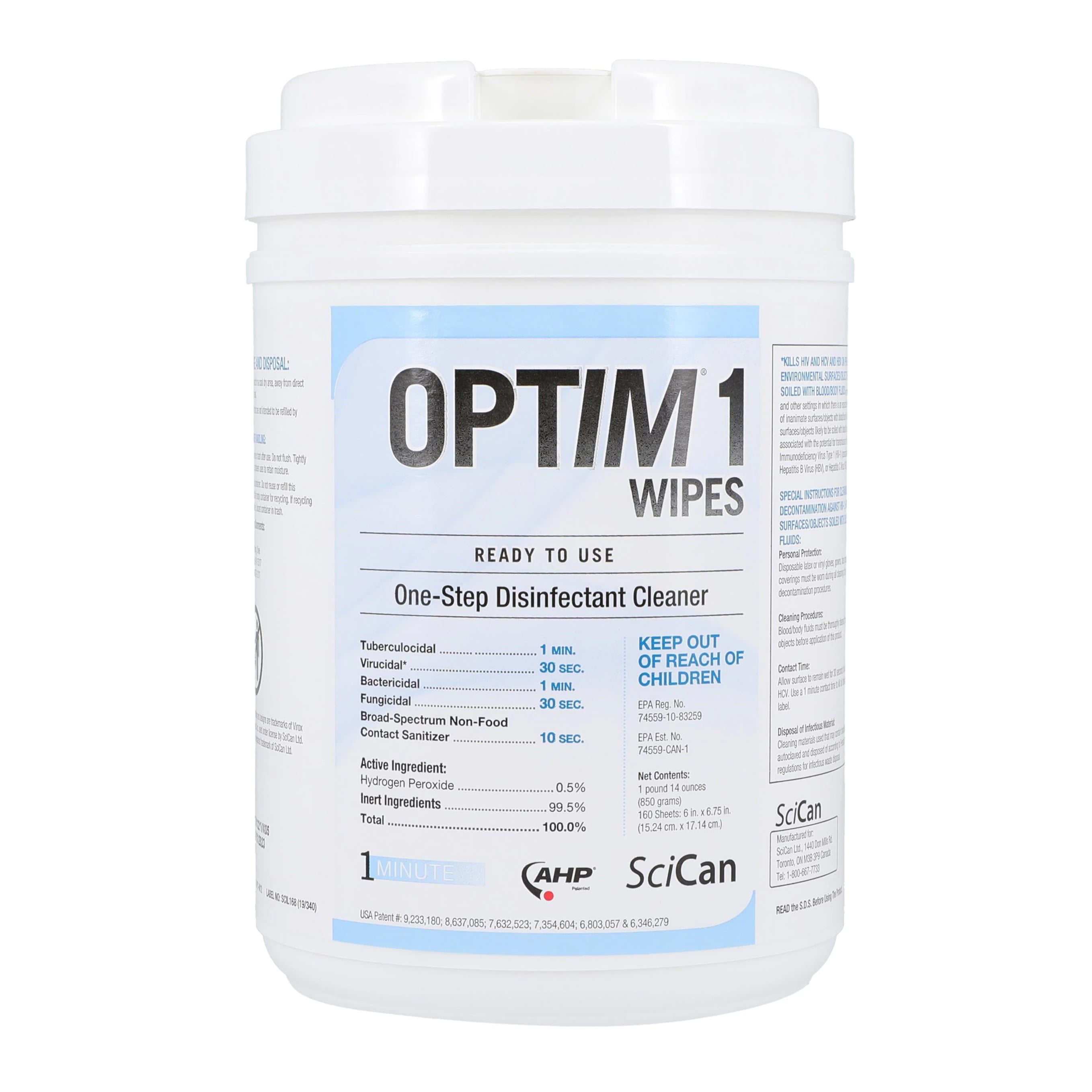 Optim 1 Disinfectant Wipes, 6" x 7", 160/Canister, OPT1-W12