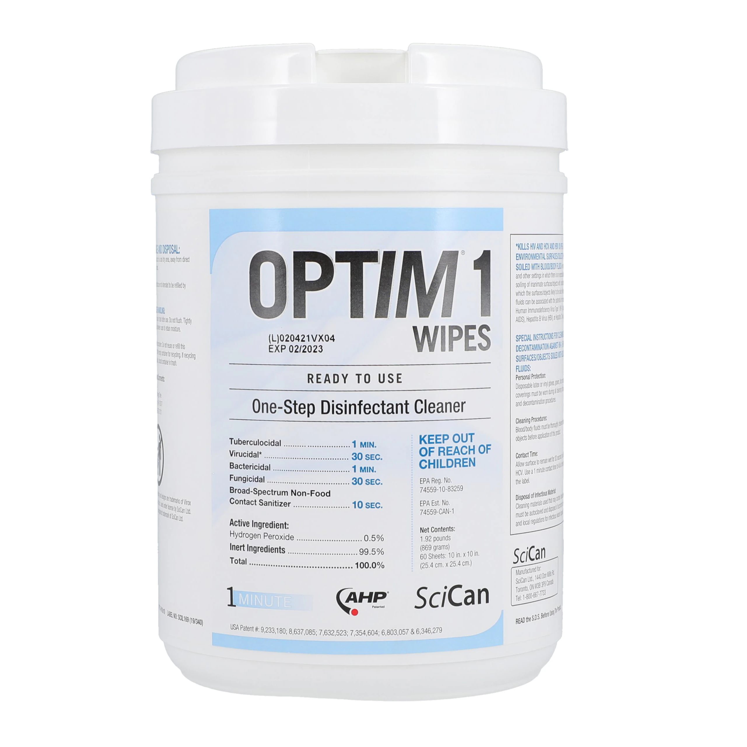 SciCan Optim 1 Pre-Saturated Disinfectant Wipes, X-Large, 10" x 10", 60/Canister, OPT1-W10X10