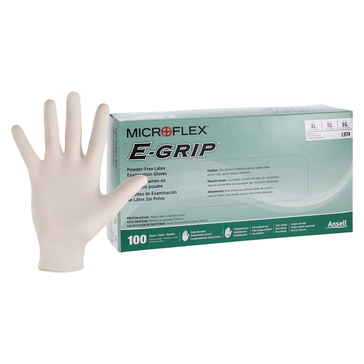 Microflex E-Grip Latex Examination Gloves, Powder-Free, Non-Sterile, Textured Fingers, X-Large, Natural, 100/Box, L974