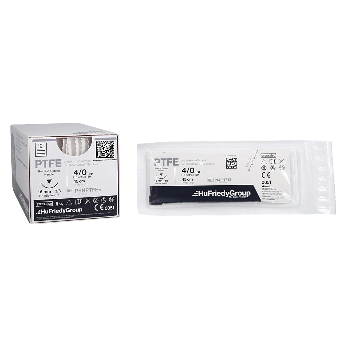 Hu-Friedy Perma Sharp PTFE Monofilament Non-Absorbable Suture, 4-0, White, 18", C-22 Reverse Cutting 3/8 Circle Needle, 12/Box, PSNPTFE6