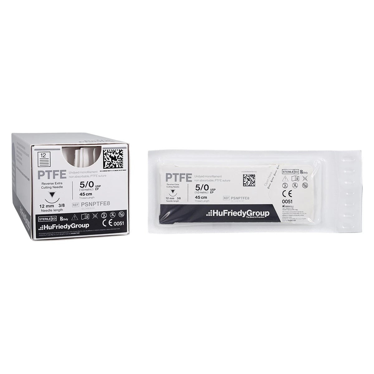 Hu-Friedy Perma Sharp PTFE Monofilament Non-Absorbable Suture, 5-0, White, 18", C-3 3/8 Circle Premium Reverse Cutting Needle, 12/Box, PSNPTFE8
