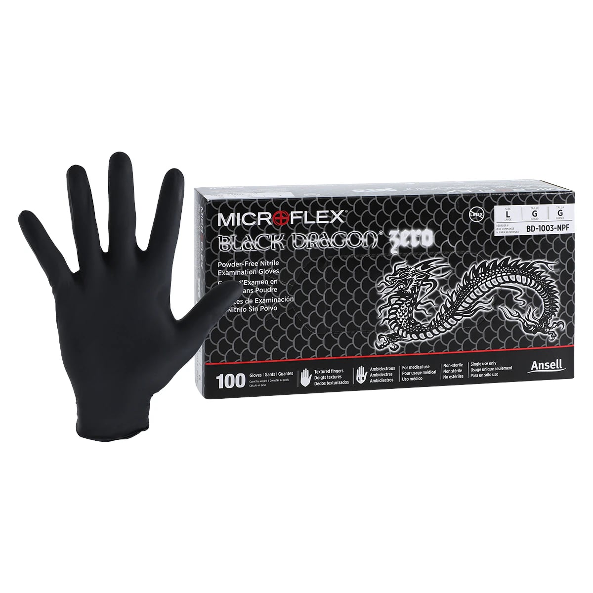 MICROFLEX Black Dragon Zero BD-100N Nitrile Exam Gloves, Powder-Free, Non-Sterile, Large (8.5-9.0), Black, 100/Bx