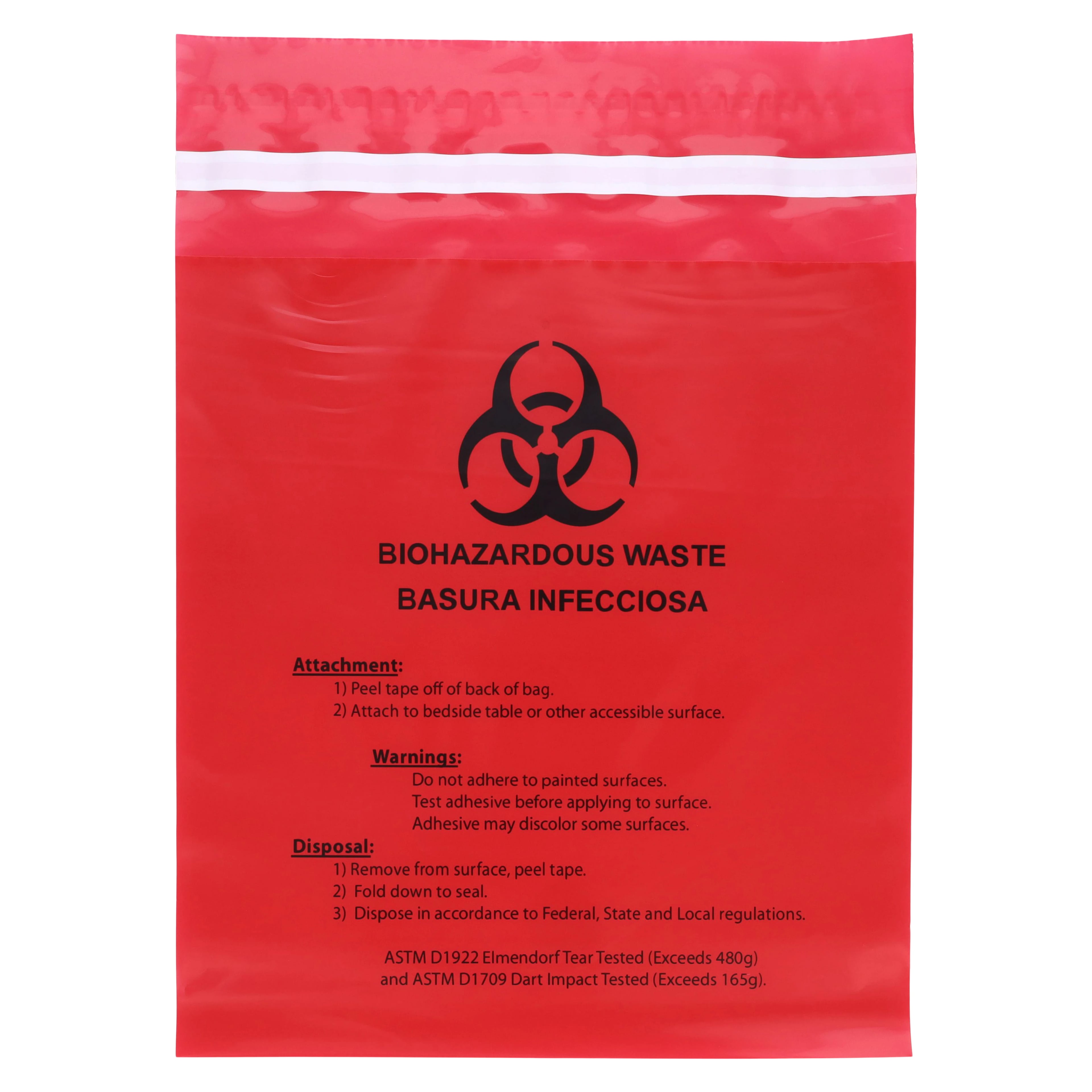 Red Biohazard Stick-On Waste Bags, 2 mil, 9" x 10", 1.4 qt, 100/Box, MRWB142316