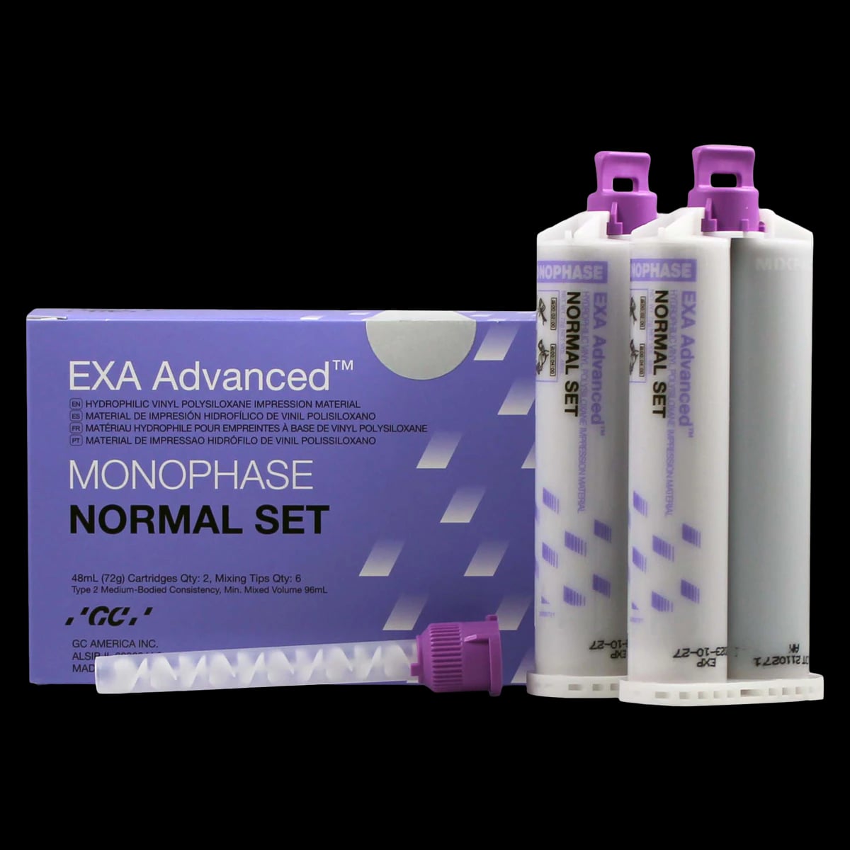 GC America EXA Advanced VPS Monophase Impression Material, Normal Set, 48 mL Cartridges, Purple, 2/Pack with 6 Mixing Tips, 137118