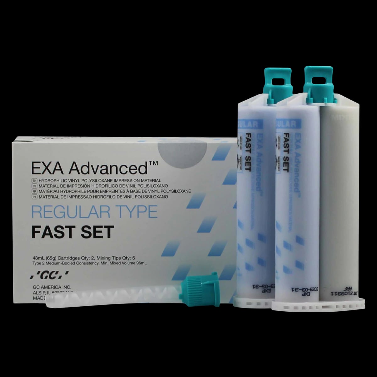 GC America EXA Advanced VPS Impression Material, Regular Body, Fast Set, 48 mL Cartridges, Blue, 2/Pack with 6 Mixing Tips, 137111
