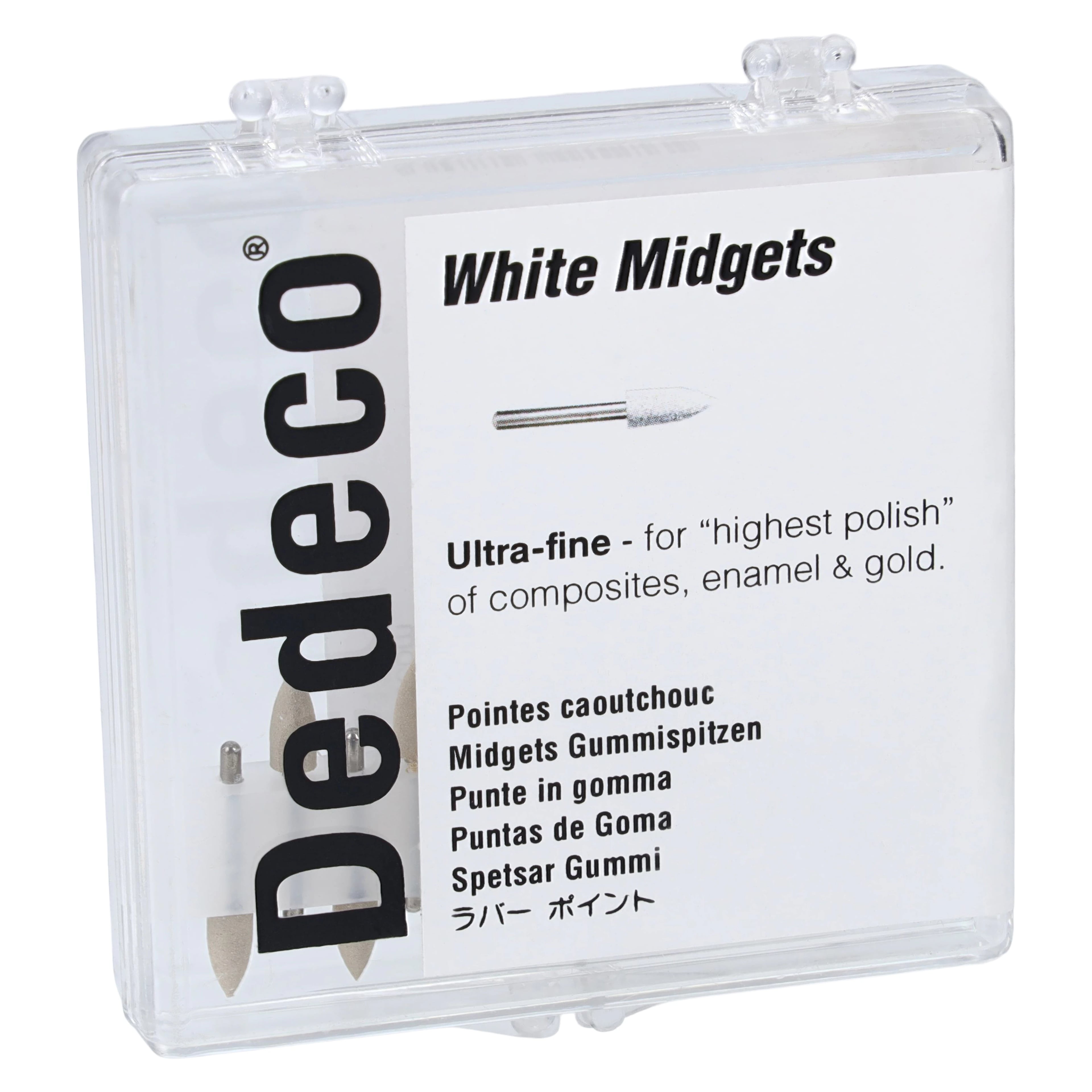 Dedeco Classic Midget Rubber Polisher, White, Ultra-Fine, Mini Shape, FG 1/16" Shank, 12/Box, 4780