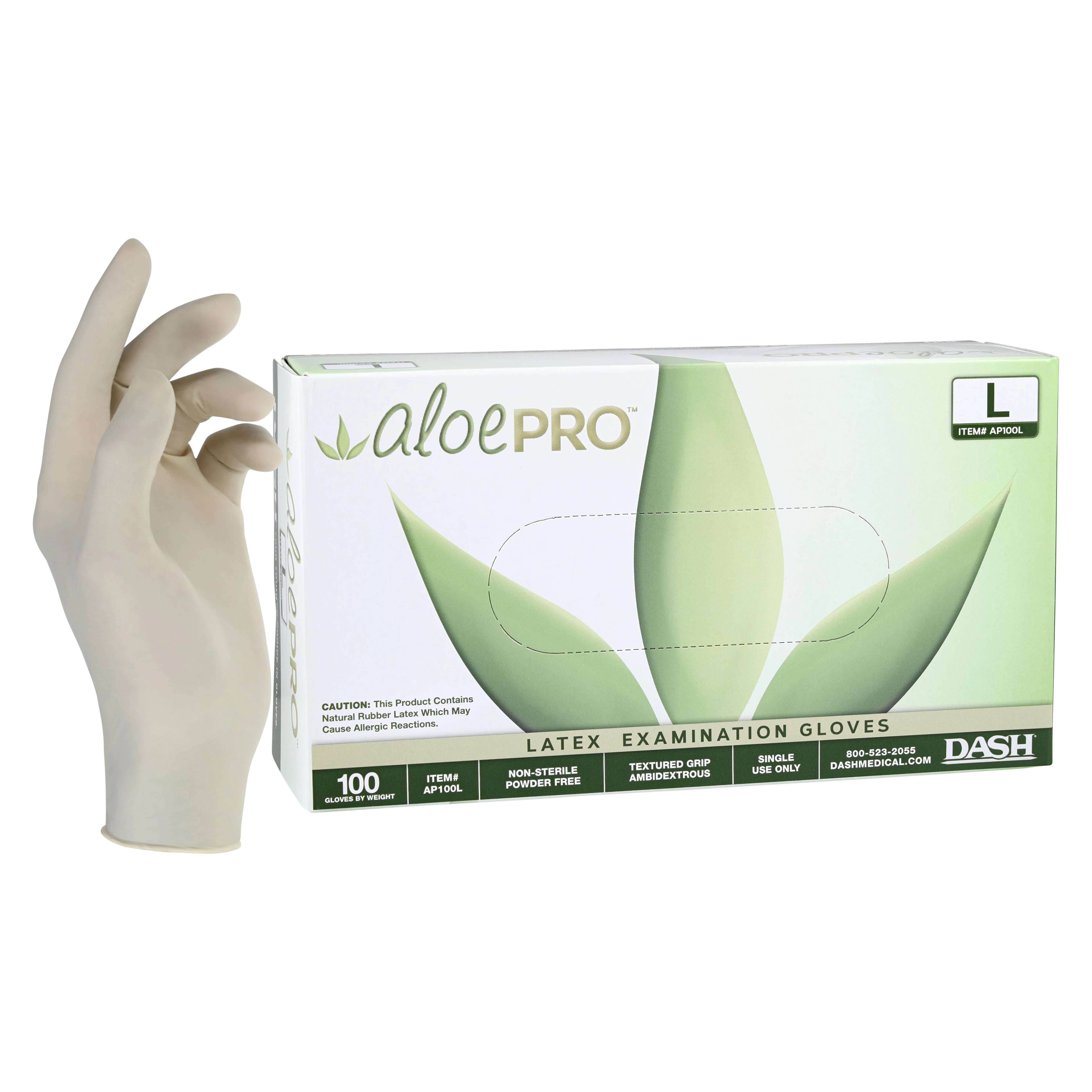 AloePRO Latex Examination Gloves, Powder Free, Textured, Aloe Coated, Large, Natural, 100/Box, AP100L