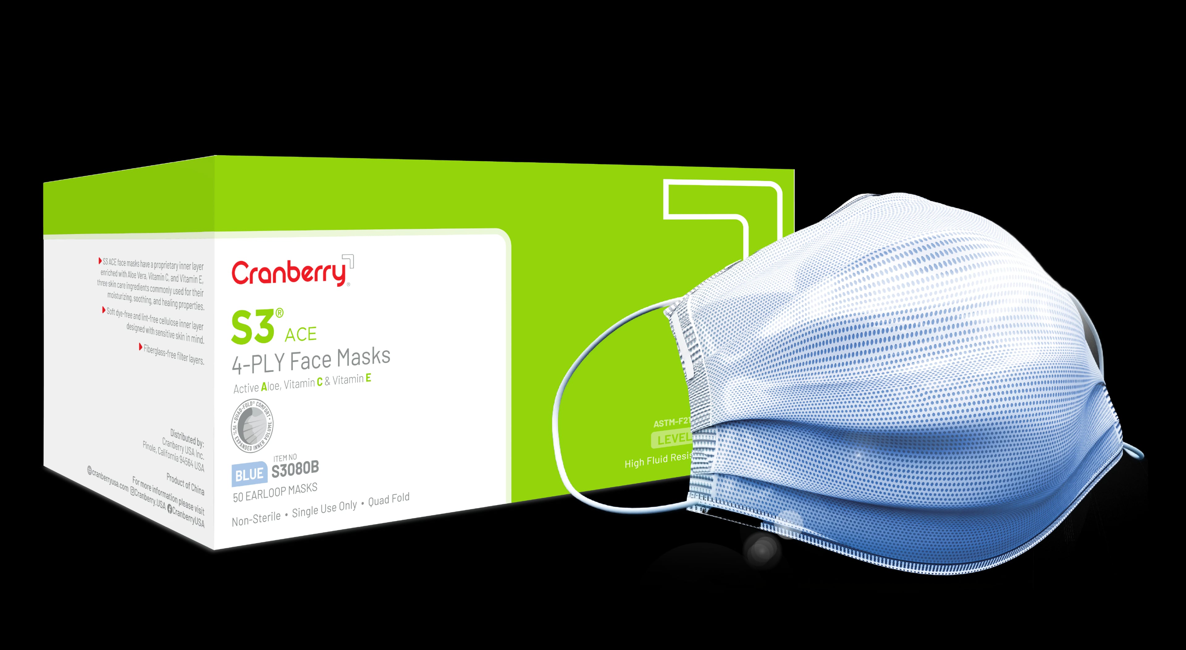 Cranberry S3 ACE ASTM Level 3 Earloop Face Mask, Blue, 50/Box, S3080B