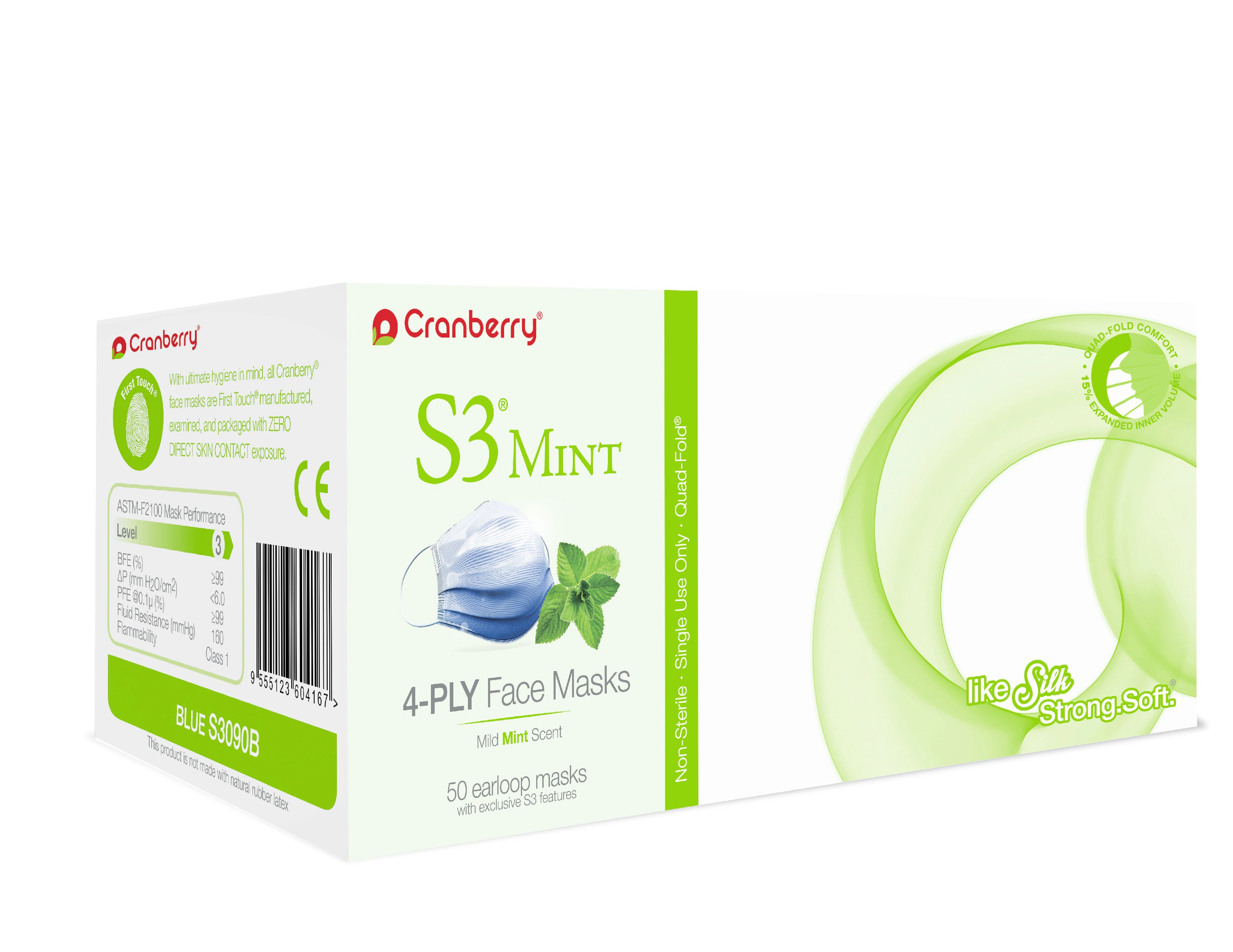 Cranberry S3 Mint Earloop Face Mask, ASTM Level 3, Blue, 50/Box, S3090B