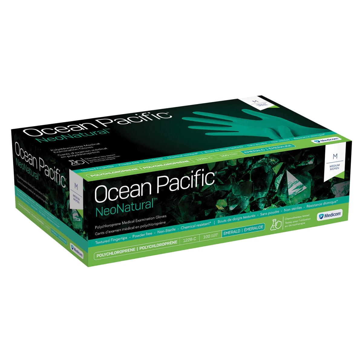 Ocean Pacific® NeoNatural™ Polychloroprene Exam Gloves, Powder Free, Latex Free, Non-Sterile, Chemo Rated, Emerald Green, X-Small, 100/Box, 1228-A