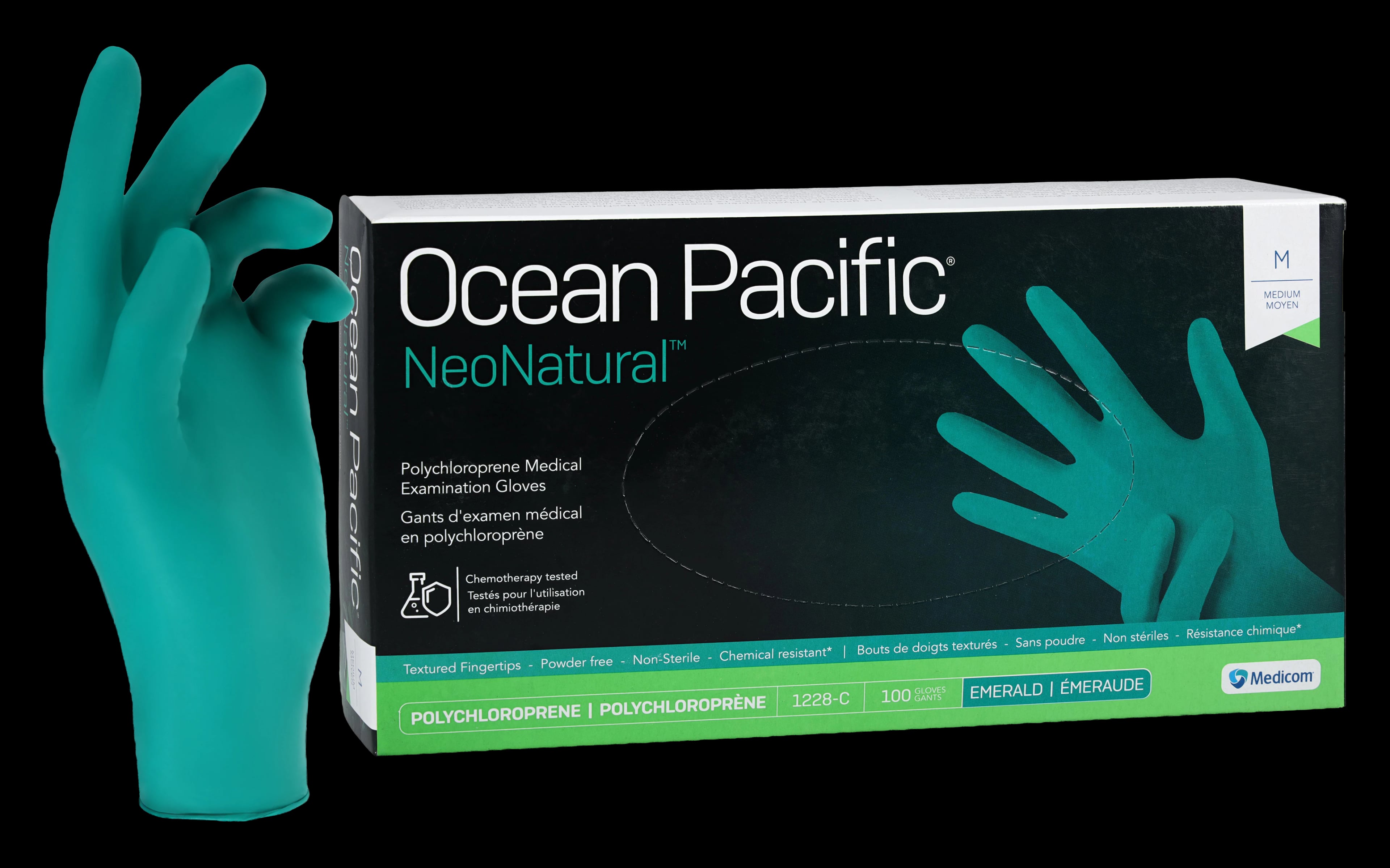 Ocean Pacific® NeoNatural™ Polychloroprene Exam Gloves, Powder Free, Latex Free, Non-Sterile, Emerald Green, Medium, 100/Box, 1228-C