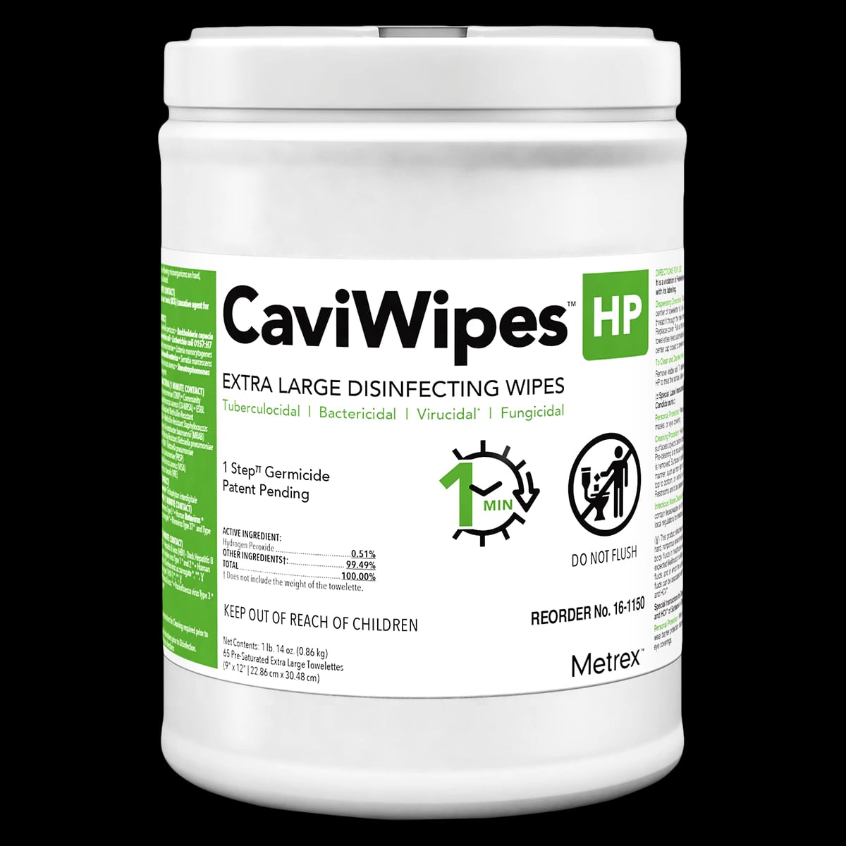 Metrex CaviWipes HP XL Alcohol-Free Hydrogen Peroxide Disinfecting Towelettes, 9" x 12", 65/Canister, 16-1150