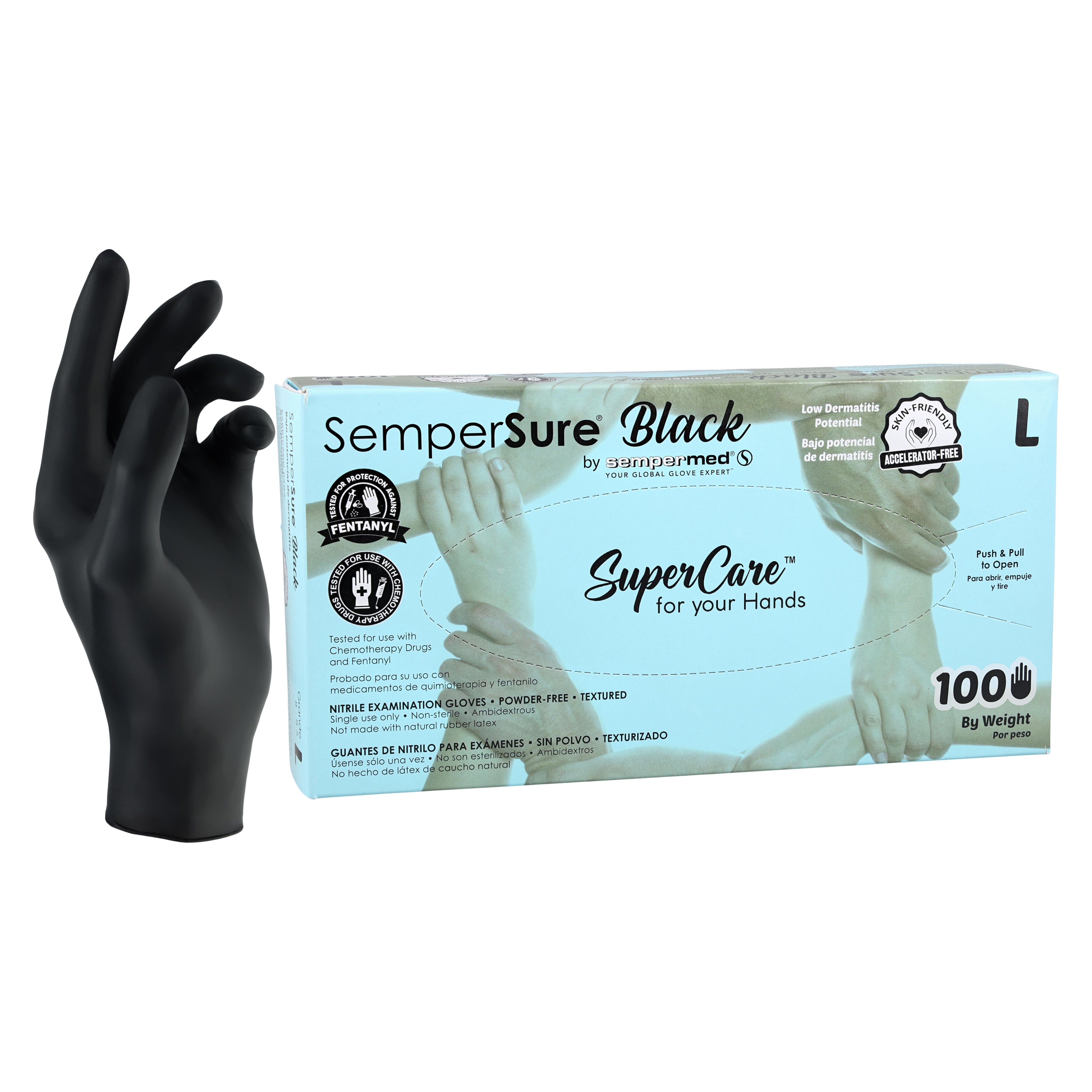 SemperSure Nitrile Exam Gloves, Powder Free, Textured, Non-Sterile, Large, Black, 100/Box