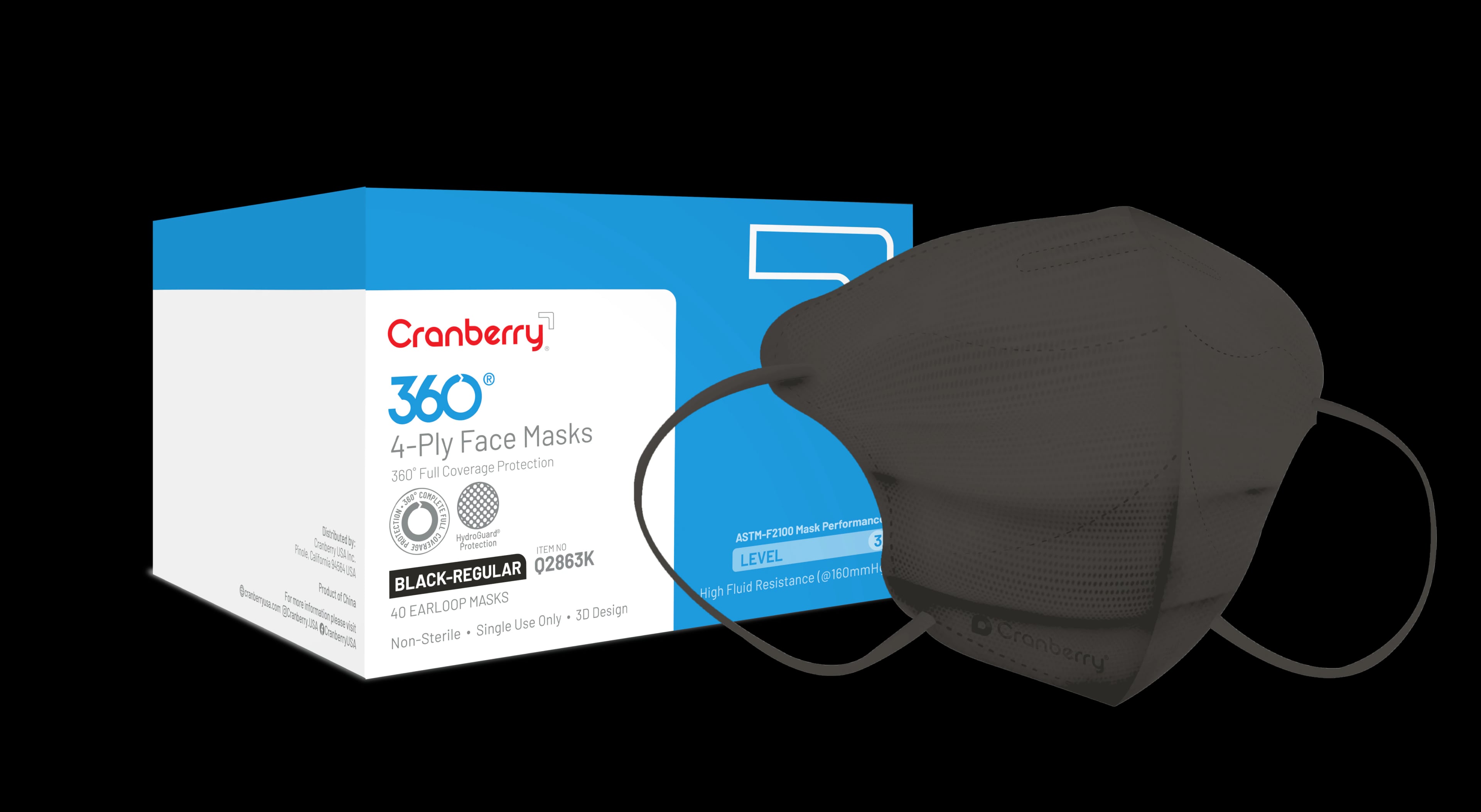 Cranberry 360 4-Ply Earloop Face Mask, ASTM Level 3, Anti-Fog, Latex-Free, Black, Regular, 40/Box, Q2863K