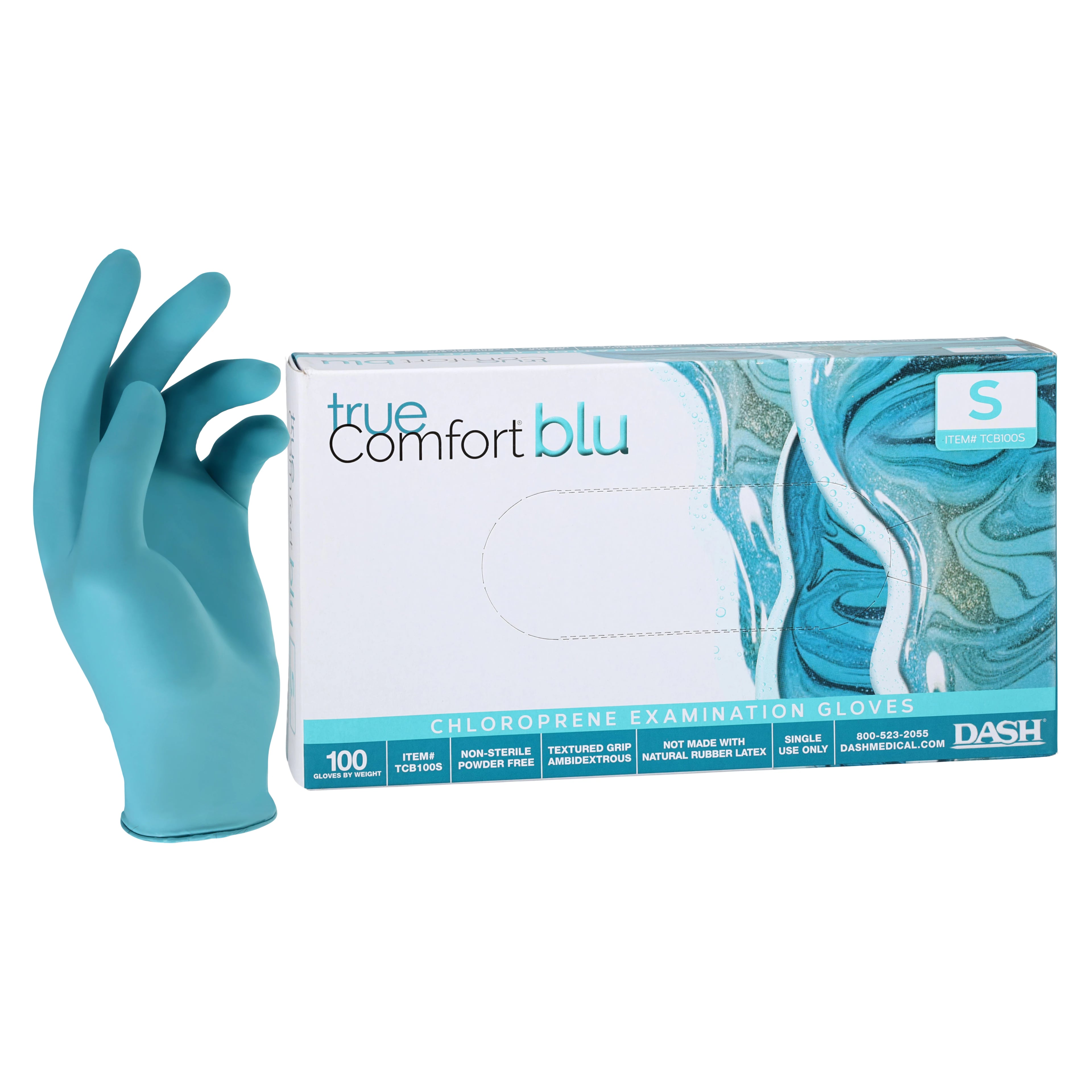 True Comfort Blu Polychloroprene Exam Gloves, Powder Free, Latex Free, Non-Sterile, Small, Ocean Blue, 100/Box, TCB100S