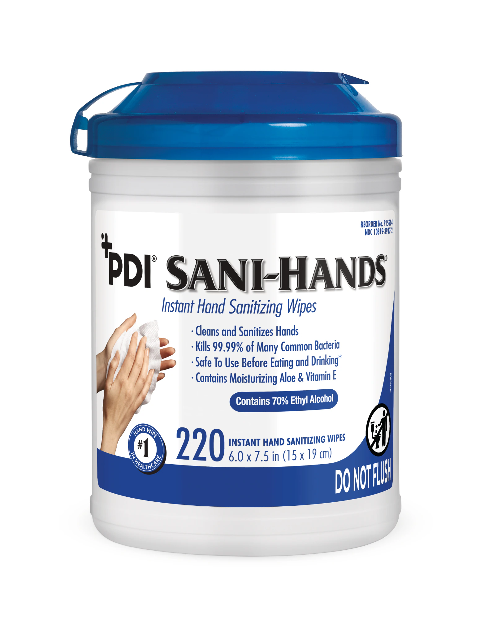 PDI Sani-Hands Instant Hand Sanitizing Wipes, 70% Ethyl Alcohol, 6" x 7.5", 220 Wipes/Canister, P15984