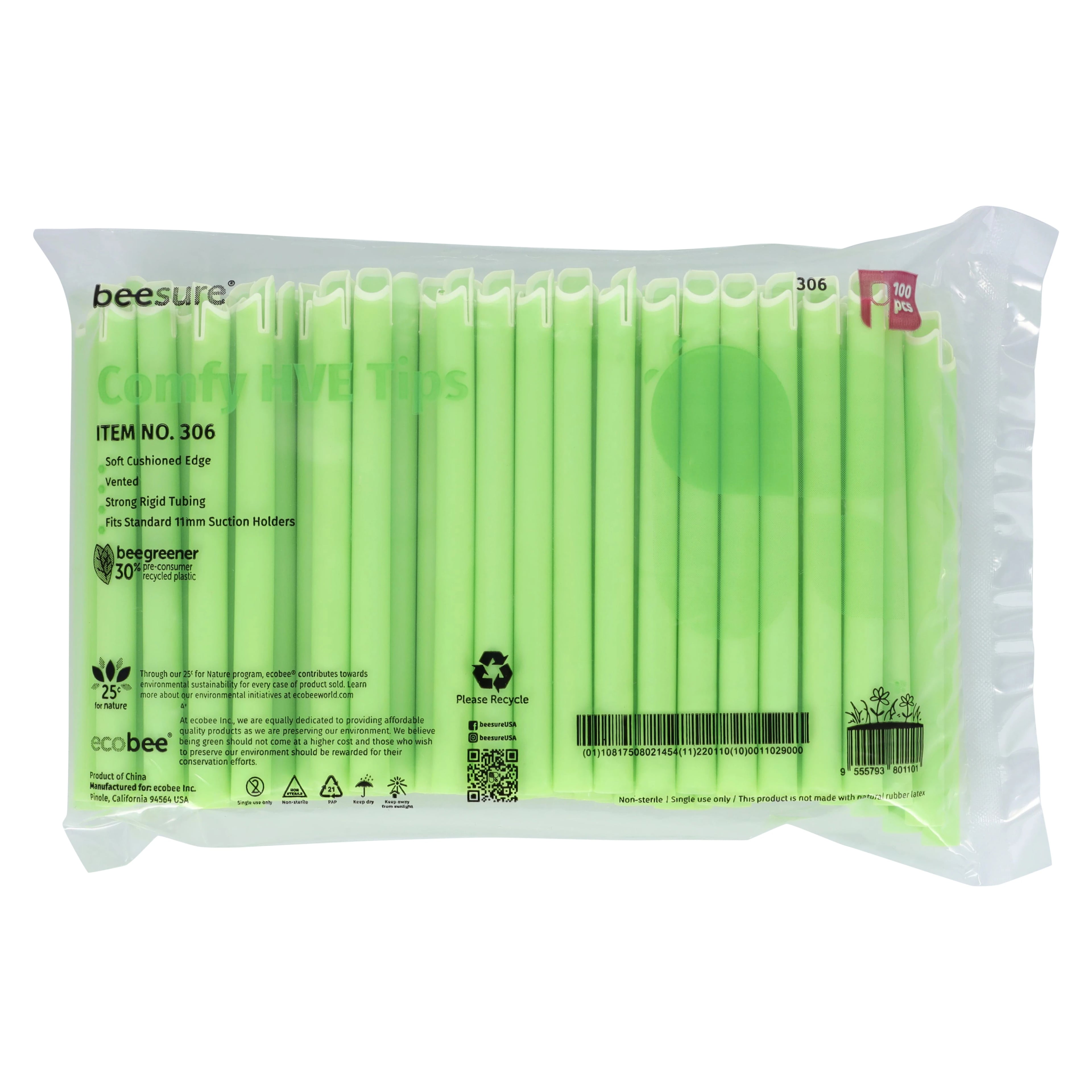 BeeSure Comfy High-Volume Evacuator Tips, Green with White Cushioned Edge, Vented, 11 mm, 100/Bag, BE306