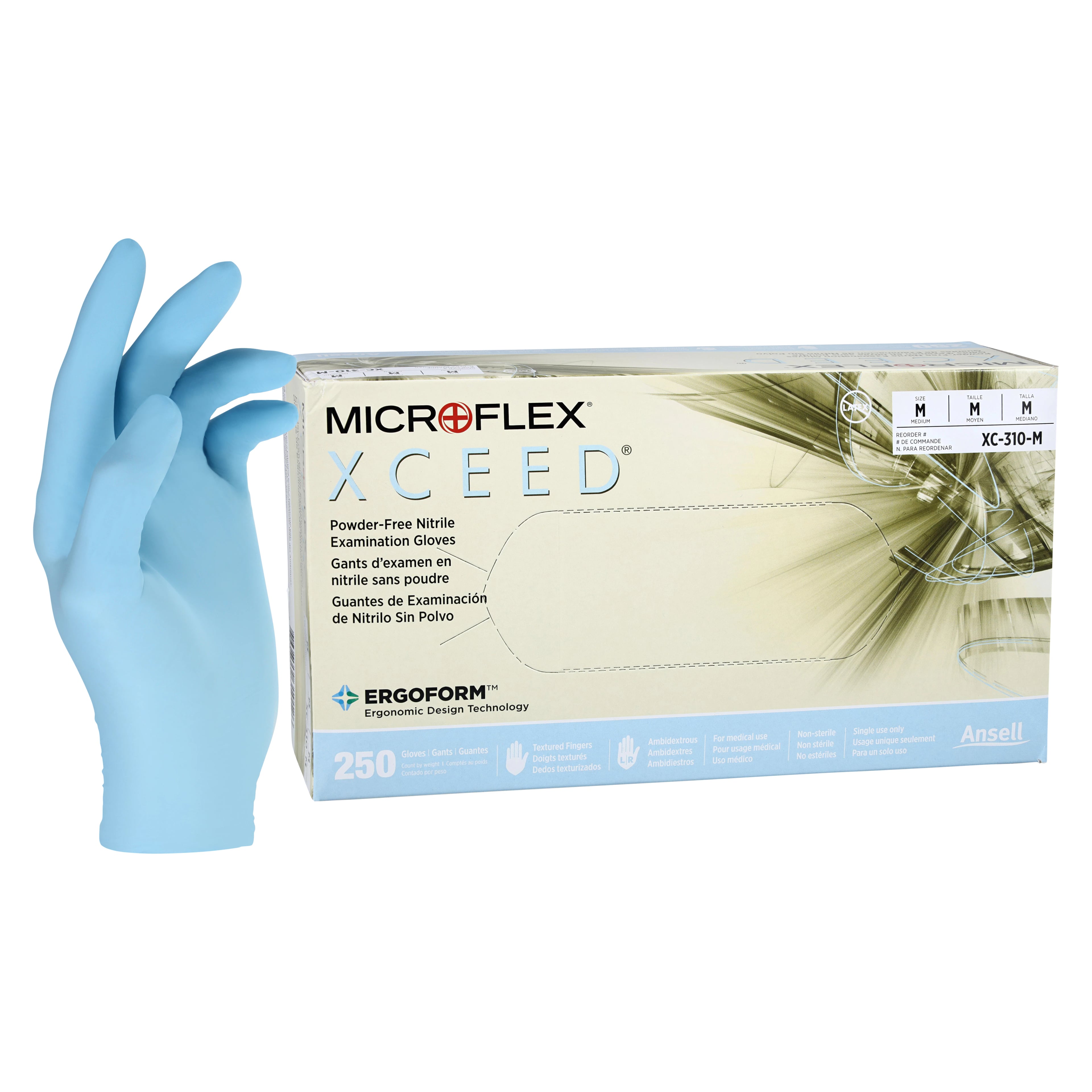 XCEED Nitrile Examination Gloves, Powder Free, Latex Free, Blue, Medium, 250/Box, XC-310-M