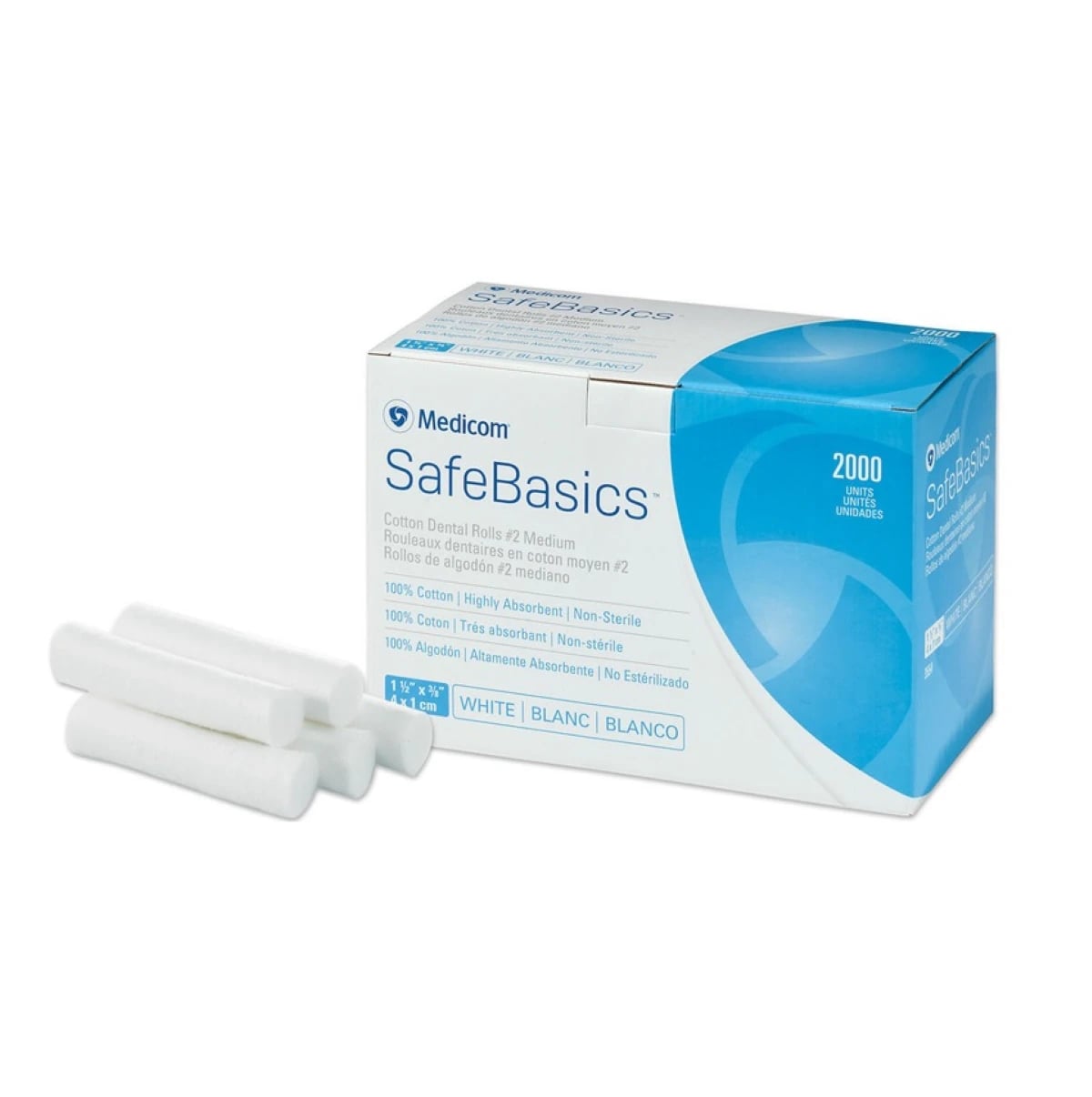Medicom DisTech Plain Wrapped Cotton Rolls, #2 Medium, 1-1/2" x 3/8", Non-Sterile, 2000/Box, 3554