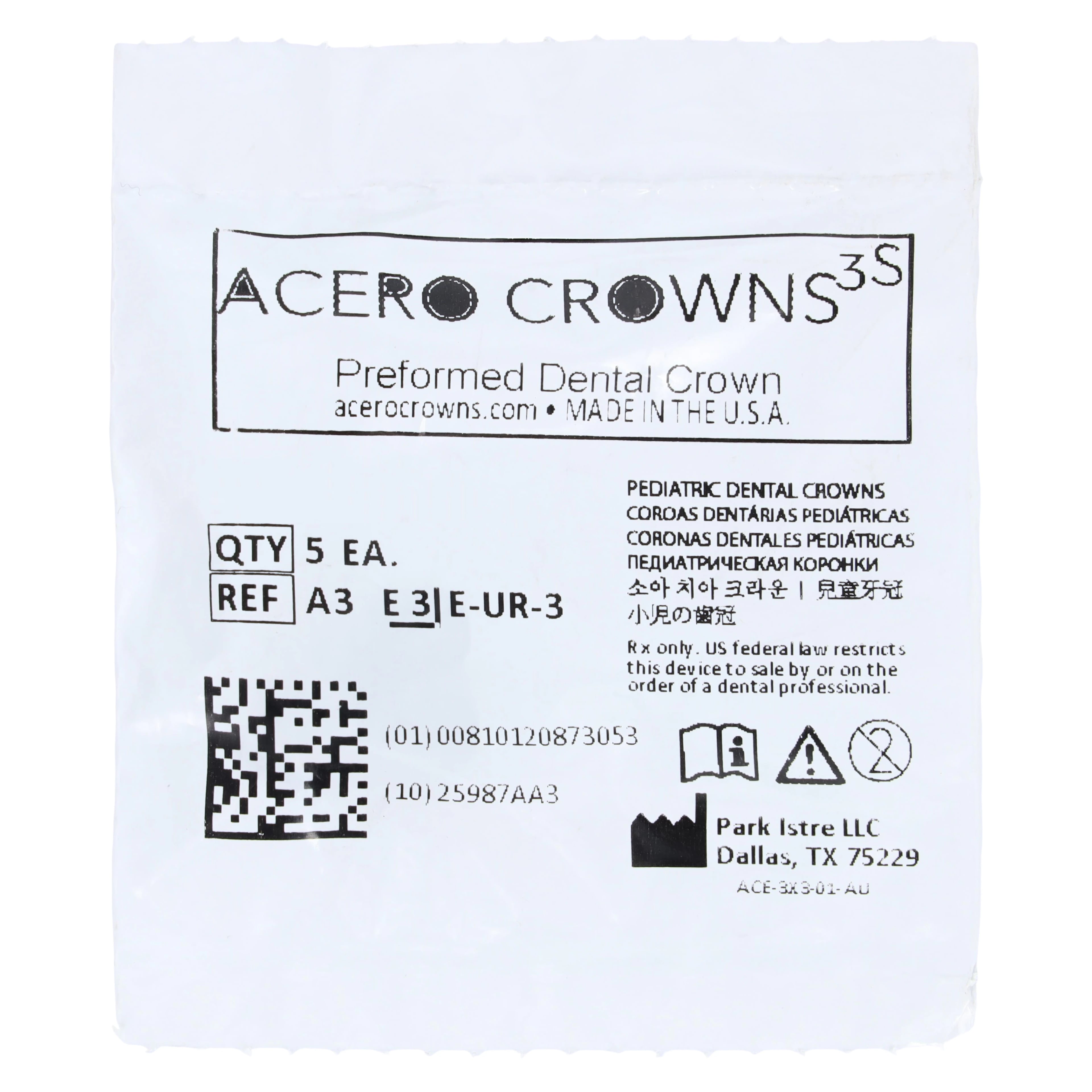 Acero 3S Stainless Steel Primary Second Molar Crown, Upper Right, Size 3, 5/Pack (3S A3)
