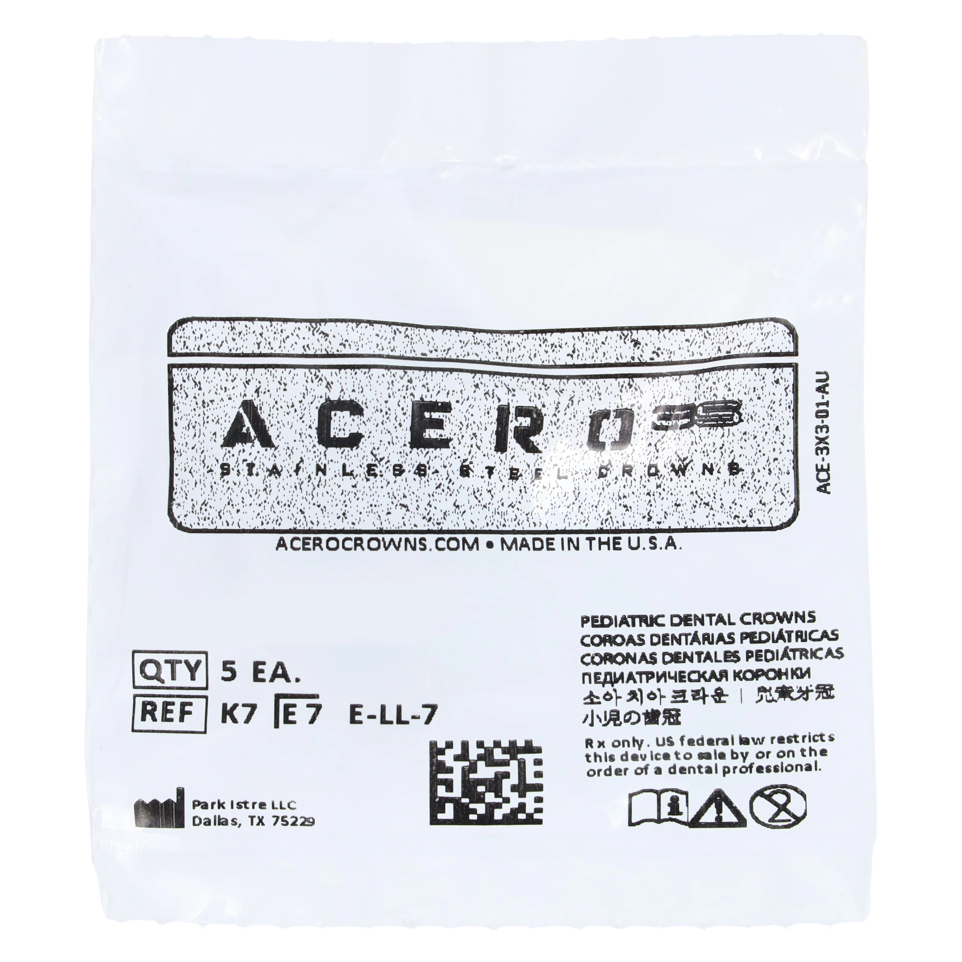 Acero 3S Stainless Steel Primary Molar Crown, Lower Left Second Molar "K", Size 7, 5/Pack